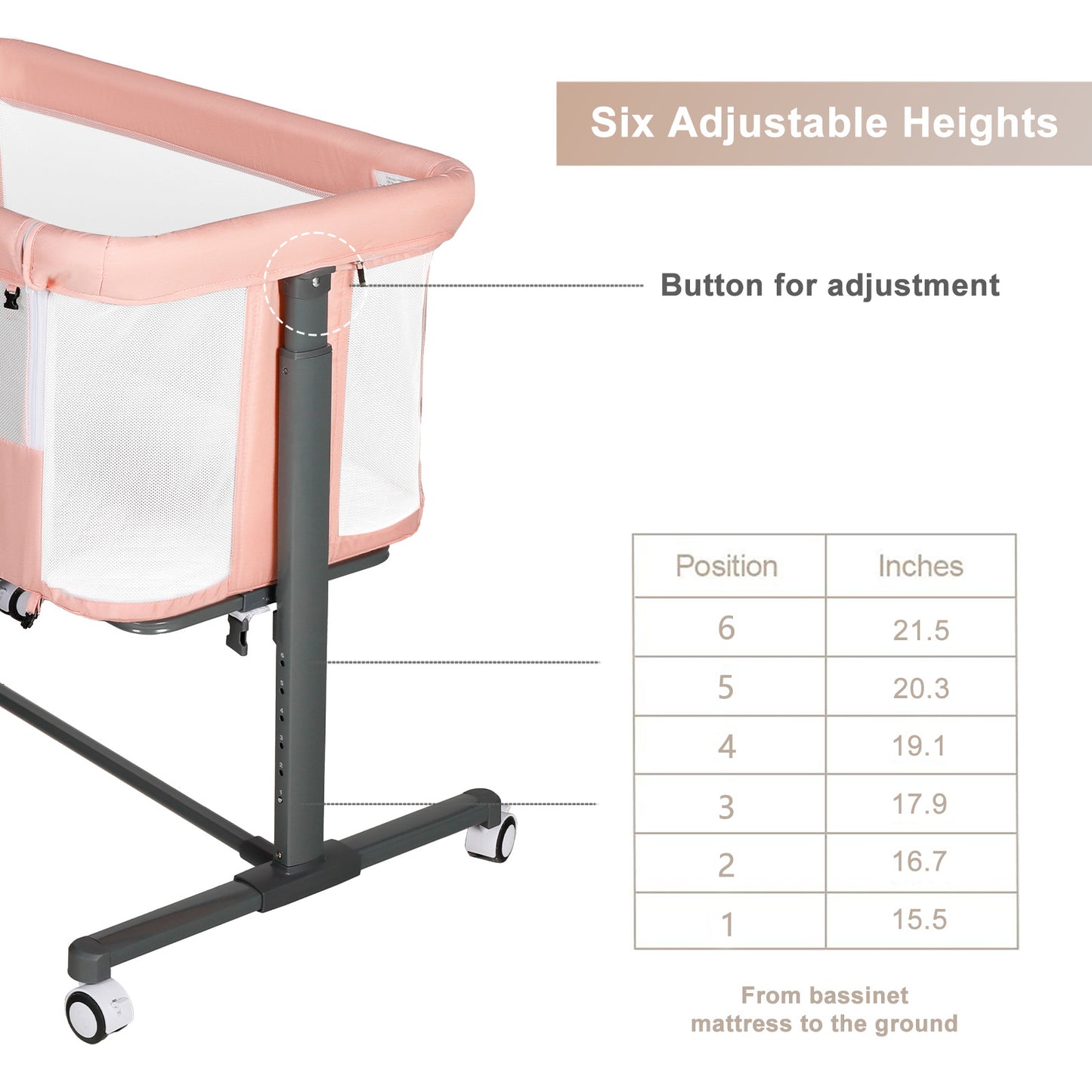 Baby Bassinet Bedside Sleeper, Height Adjustable Newborn Baby Bassinet with Wheels, Pink