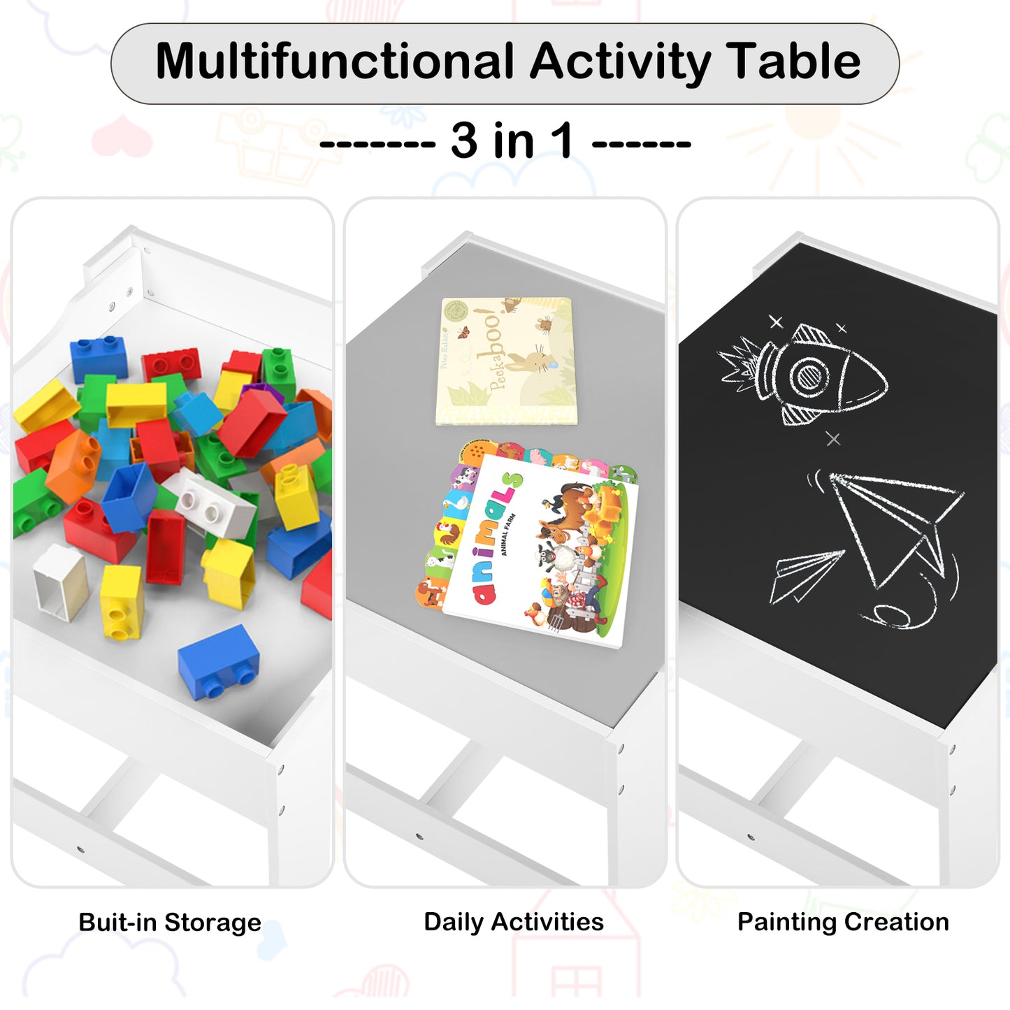 LINLUX Kids Table and 2 Chairs Set, Children Activity Table Chairs with Chalkboard/Whiteboard, Grey