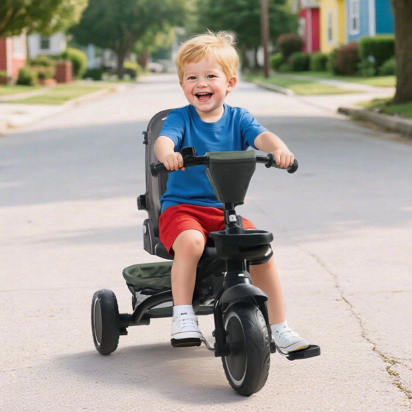 AILEEKISS 8-in-1 Kids' Tricycle Stroller, Folding Toddler Bicycle Unisex Ride Trike 1-6 Years, Military Green