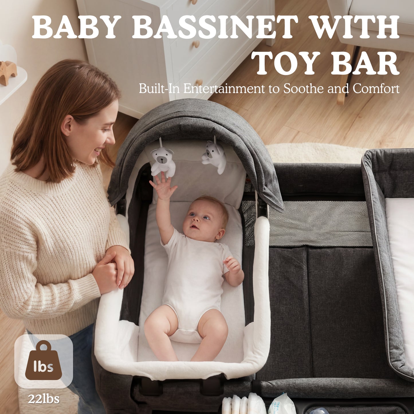 AILEEKISS 3-in-1 Foldable Baby Playard with Bassinet and Changing Table for Newborn, Dark Grey