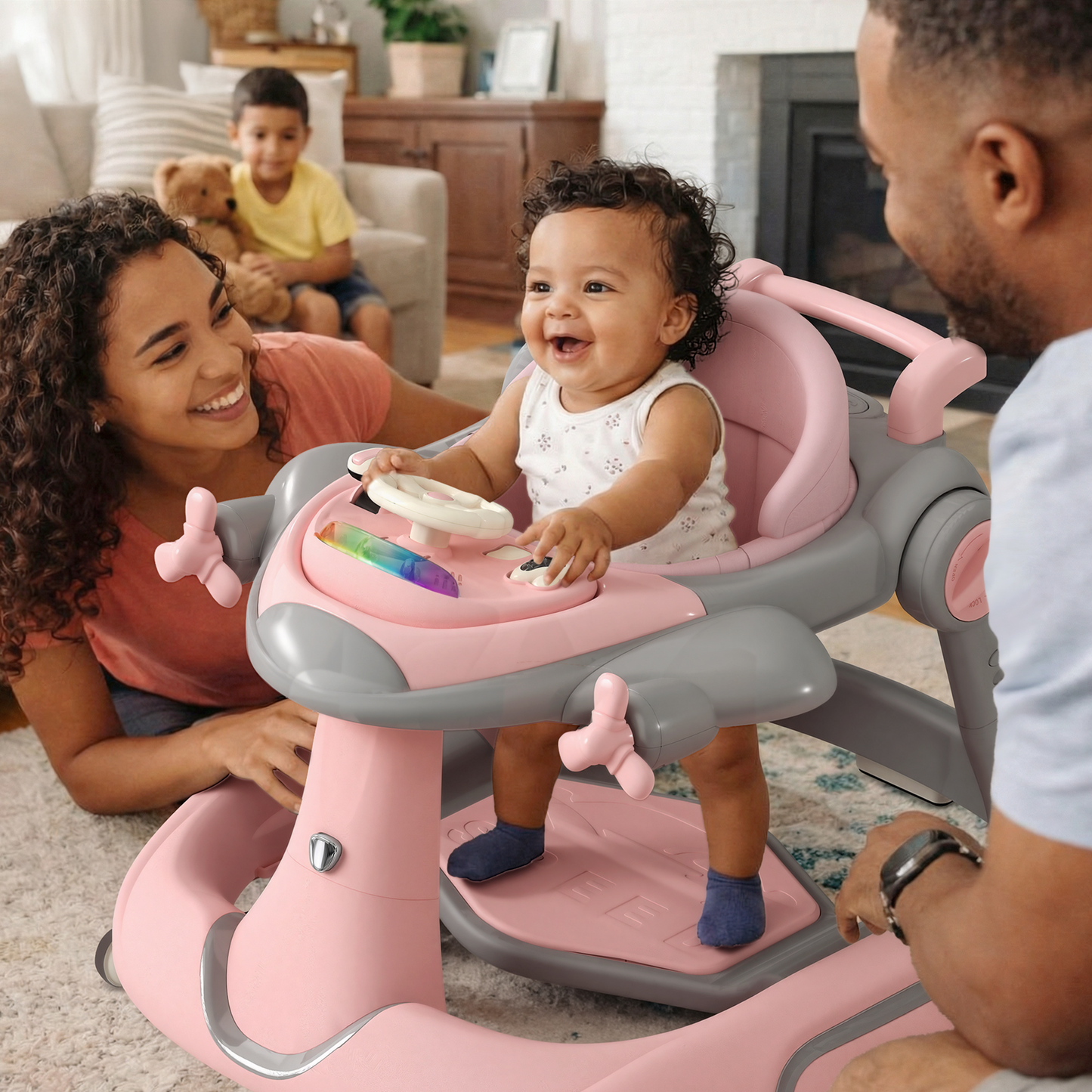 AILEEKISS 5-in-1 Musical Baby Walker with Wheels, Foldable Baby Walker for Boys Girls, Pink& Gray