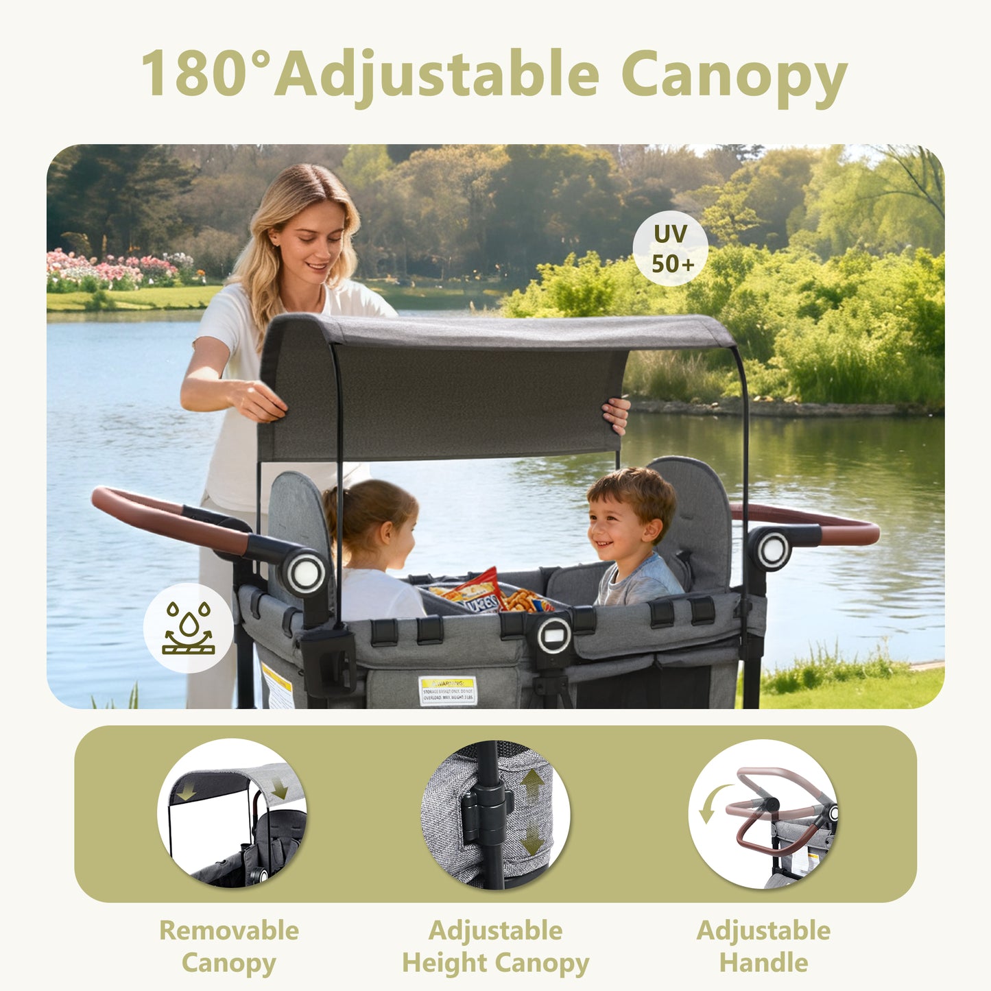 LINLUX 2 Kids Wagon Stroller, Foldable Outdoor 2-Seat Stroller Wagon, Removable Canopy, 55 Pound, Gray