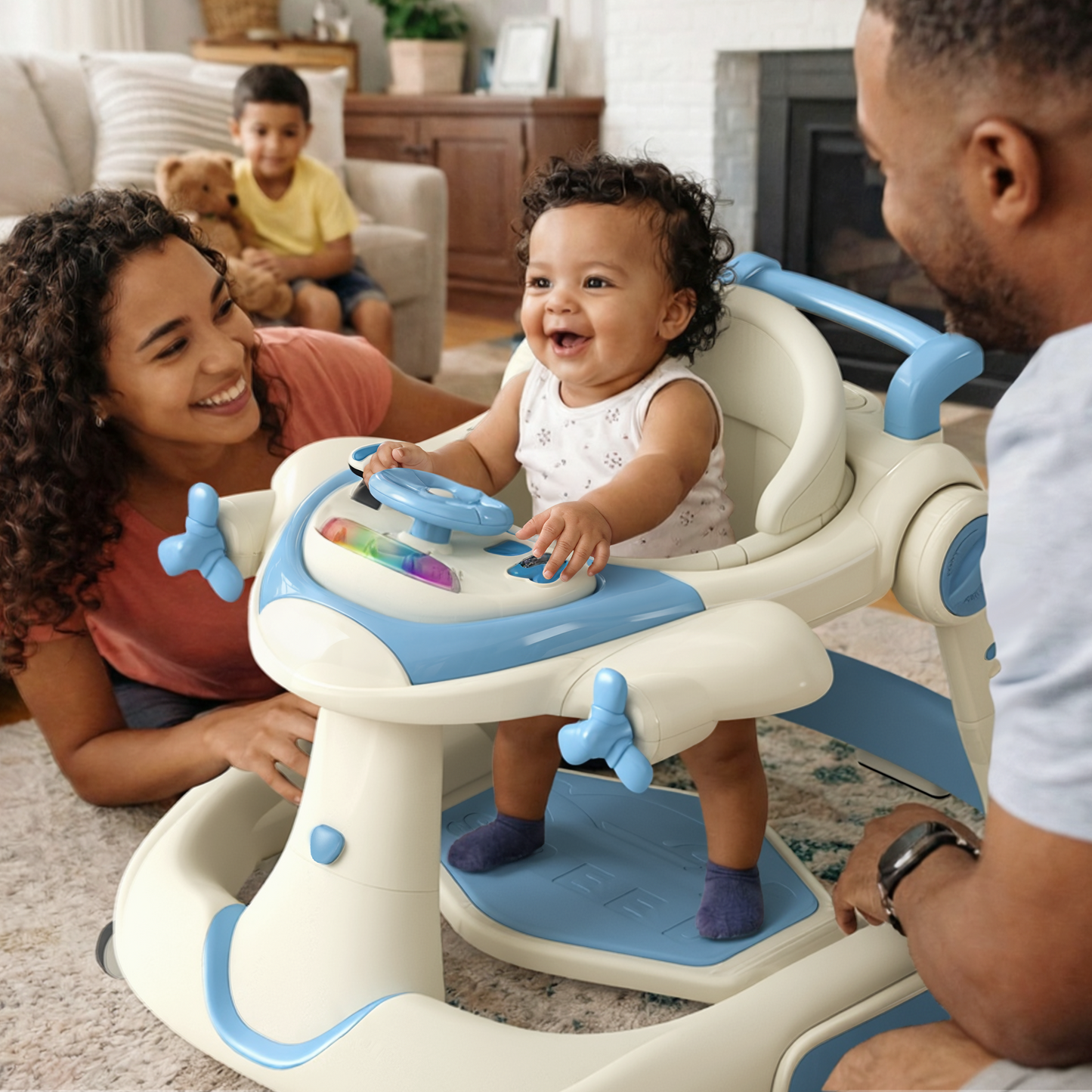 AILEEKISS 5-in-1 Musical Baby Walker with Wheels, Foldable Baby Walker for Boys Girls, Blue