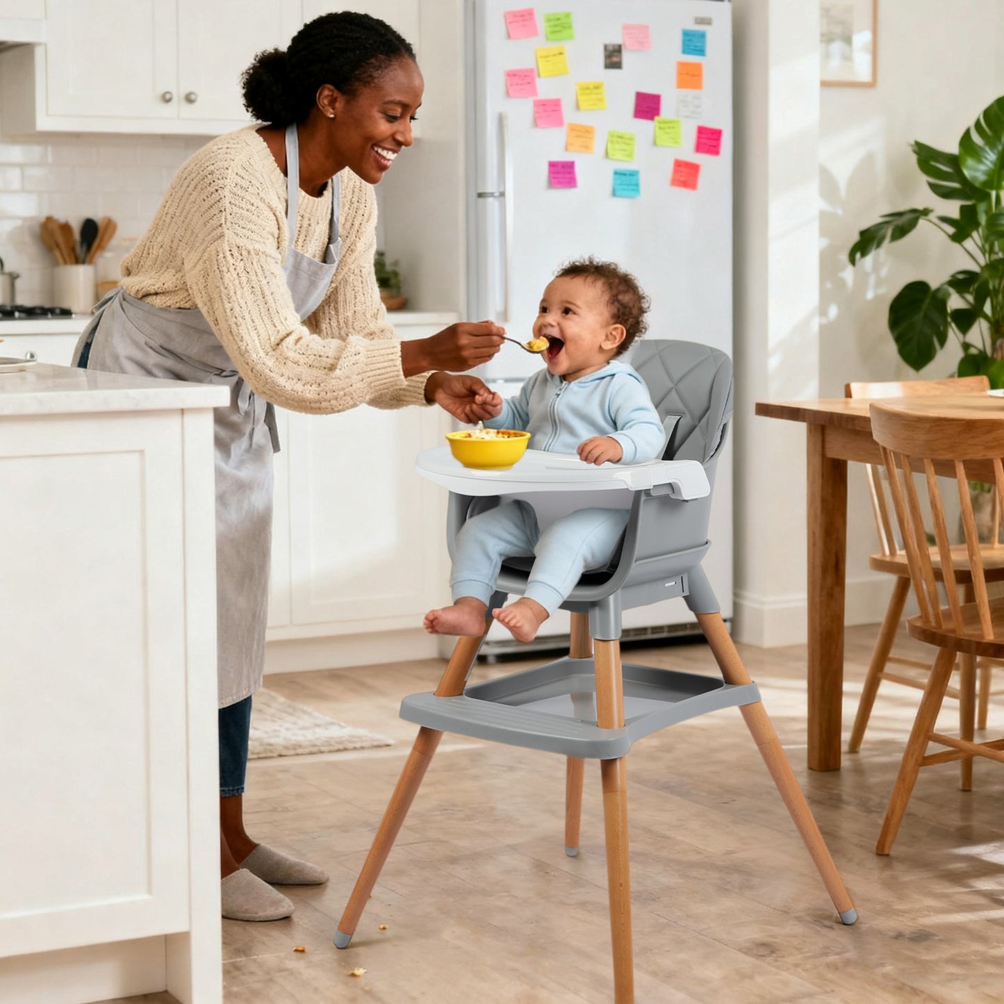 AILEEKISS 7 in 1 Wooden Baby High Chair Infant Feeding Chair with Removable Tray