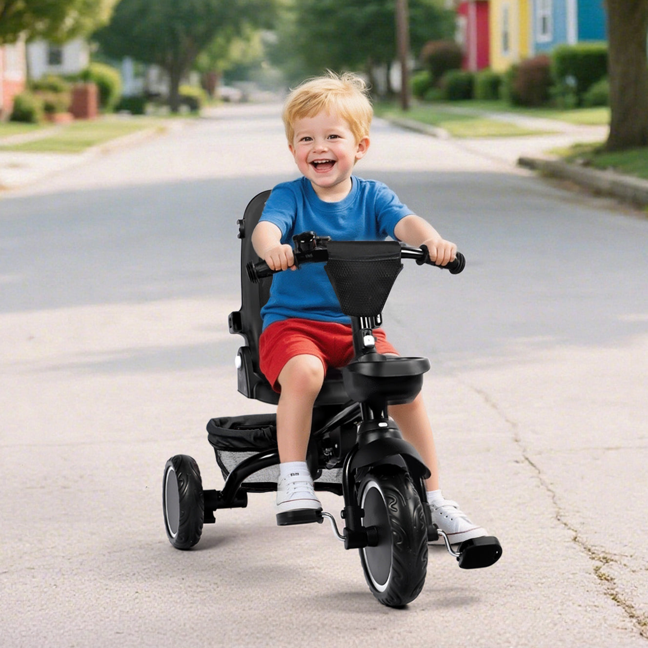 AILEEKISS 8-in-1 Kids' Tricycle Stroller, Folding Toddler Bicycle Unisex Ride Trike 1-6 Years, Black