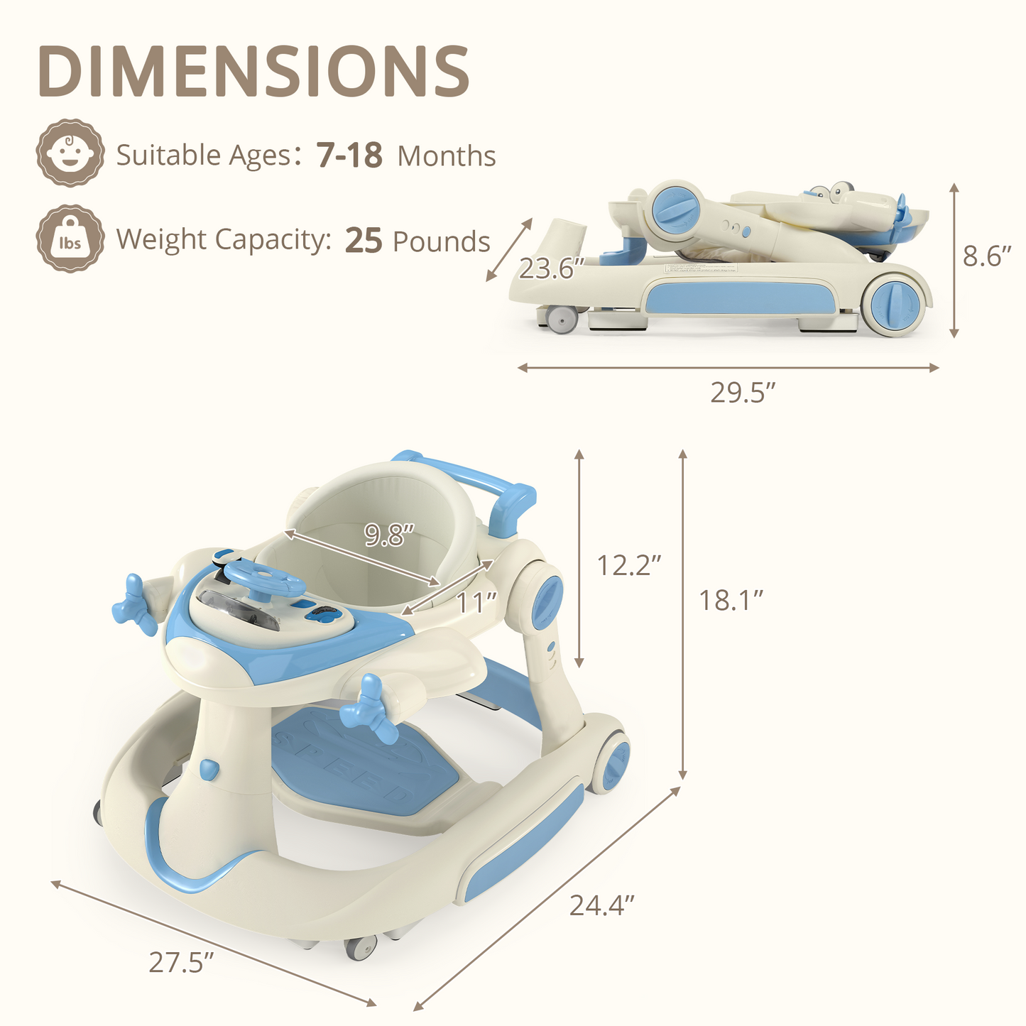 AILEEKISS 5-in-1 Musical Baby Walker with Wheels, Foldable Baby Walker for Boys Girls, Blue
