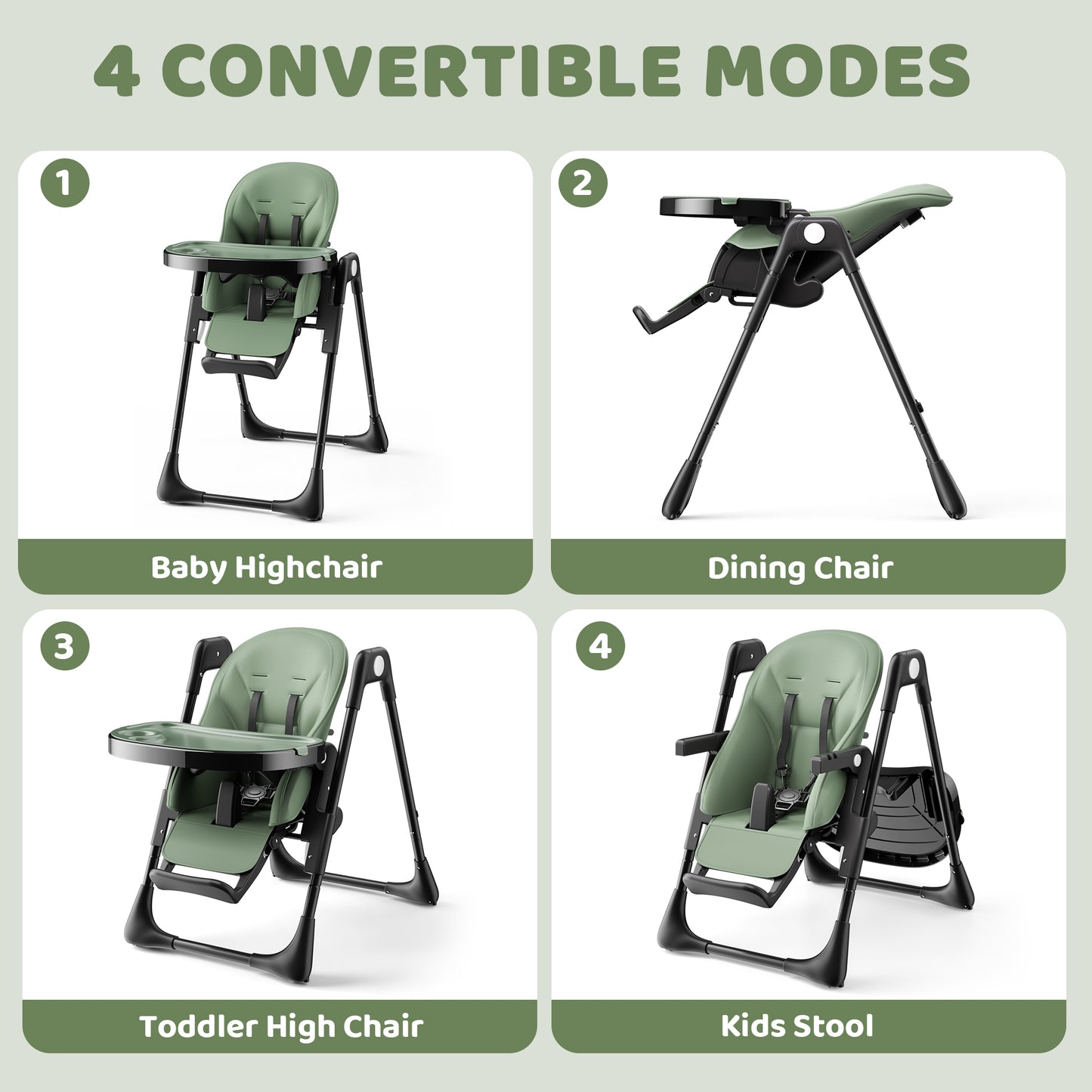 AILEEKISS Foldable High Chair for Baby, Toddler Eating Chair with Detachable Double Trays, Green