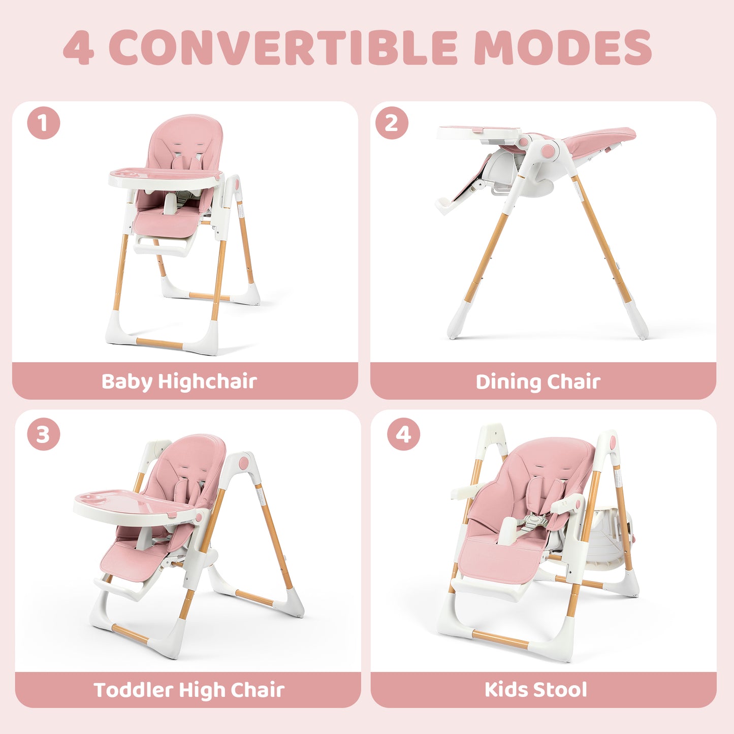 AILEEKISS Foldable High Chair for Baby, Toddler Eating Chair with Detachable Double Trays, Natural Pink