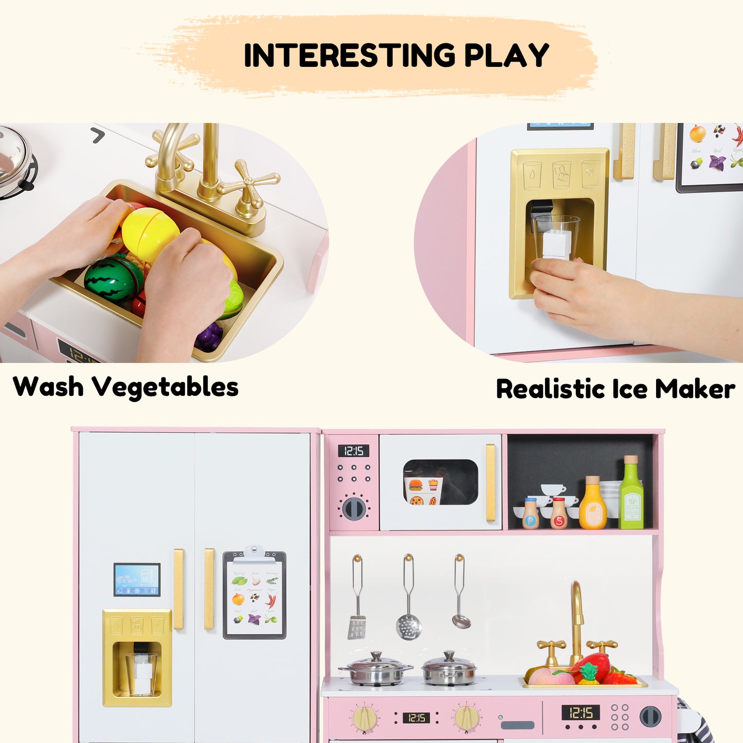 AILEEKISS Wood Kids Play Kitchen, Pretend Kitchen Playset for Children Age 3 Years up, Pink