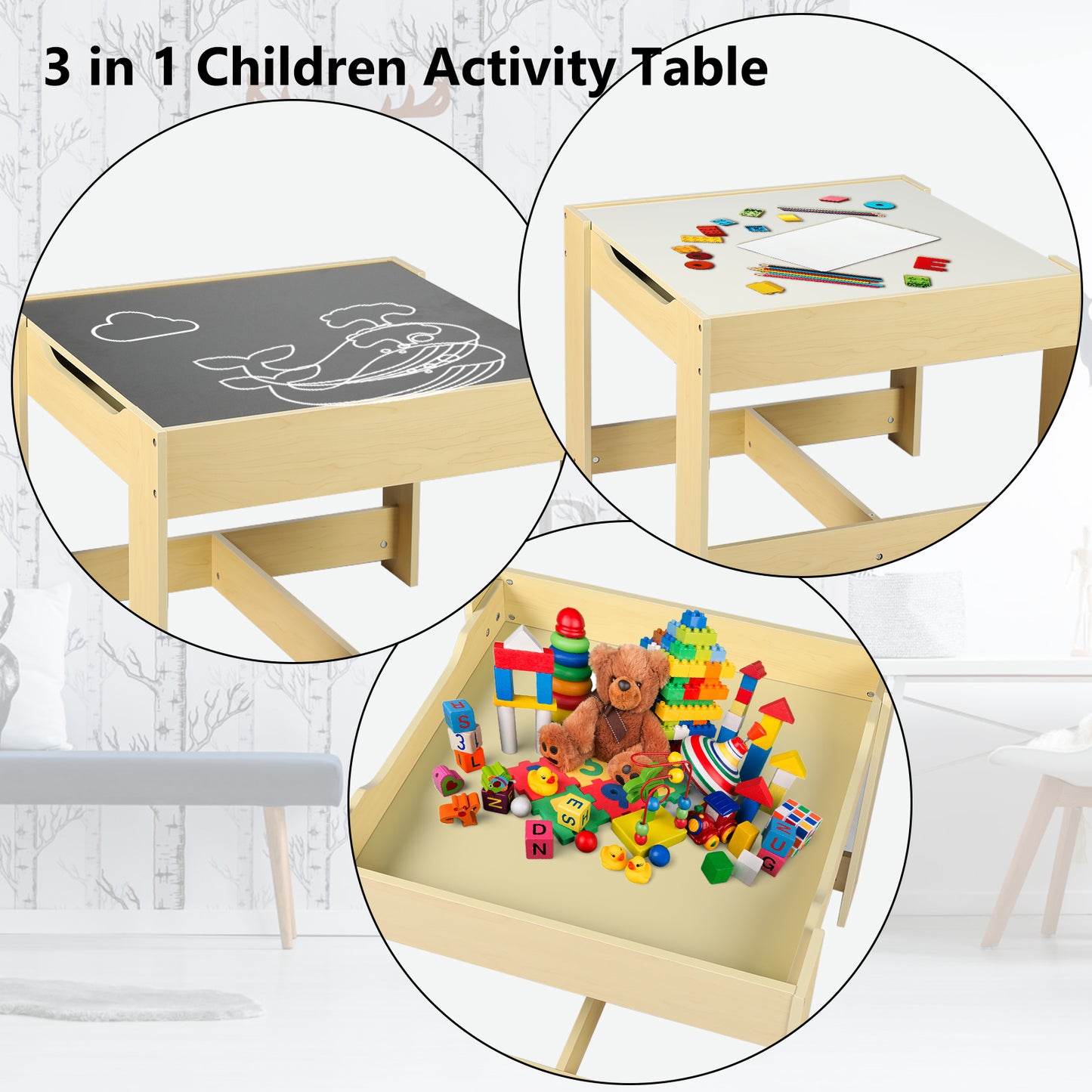 3 in 1 Kids Wood Table & 2 Chairs Set Children Activity Table w/Storage, Natural