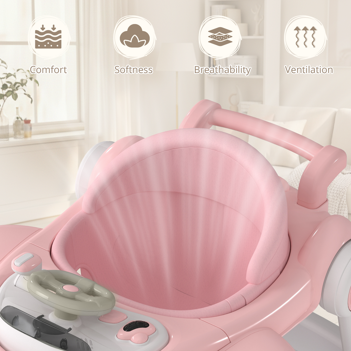 AILEEKISS 5-in-1 Musical Baby Walker with Wheels, Foldable Baby Walker for Boys Girls, Pink& Beige