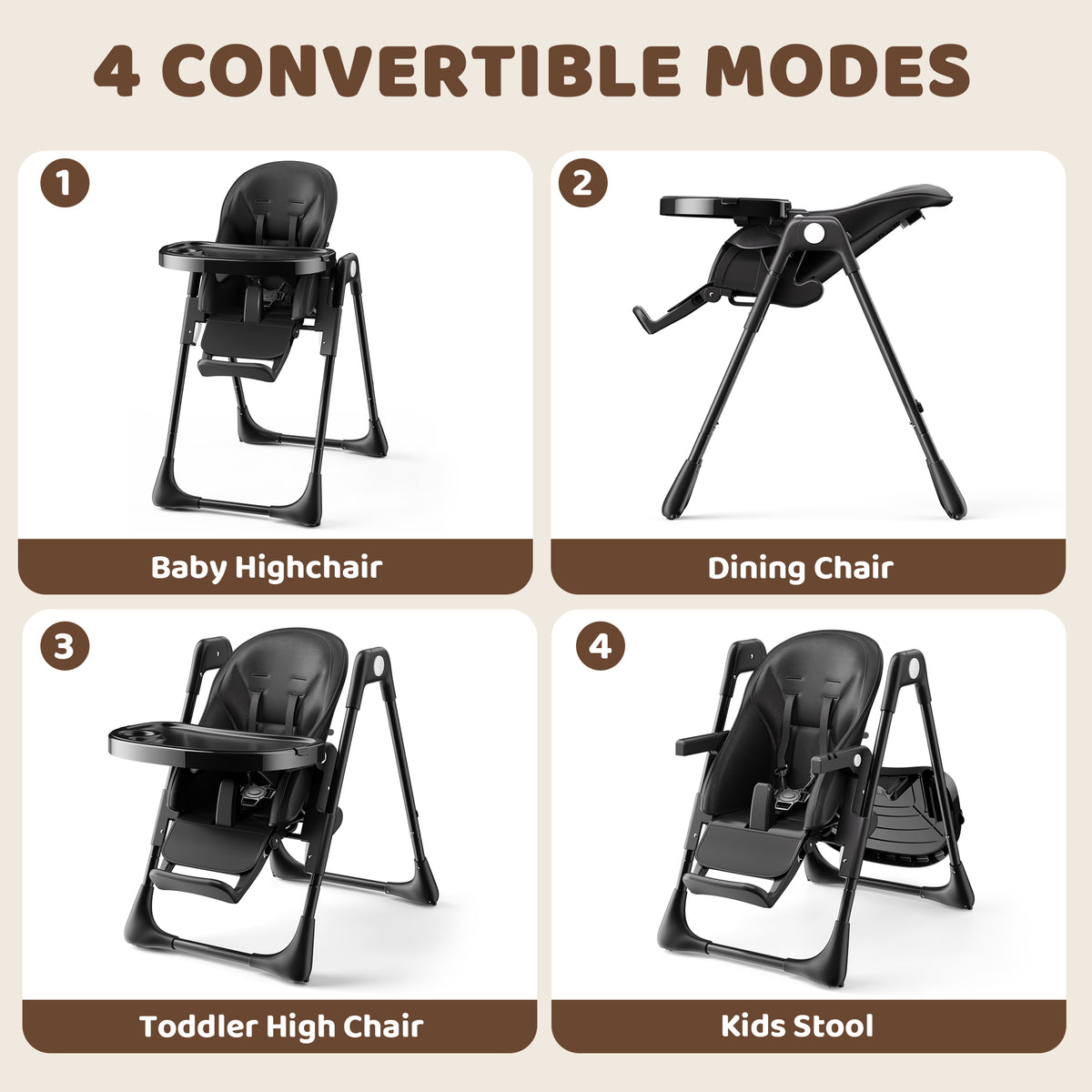 AILEEKISS Foldable High Chair for Baby, Toddler Eating Chair with Detachable Double Trays, Black