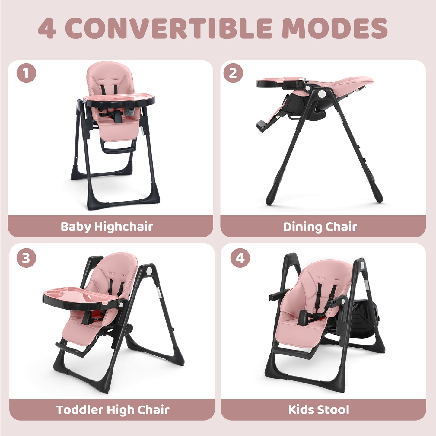 AILEEKISS Foldable High Chair for Baby, Toddler Eating Chair with Detachable Double Trays, Black Pink