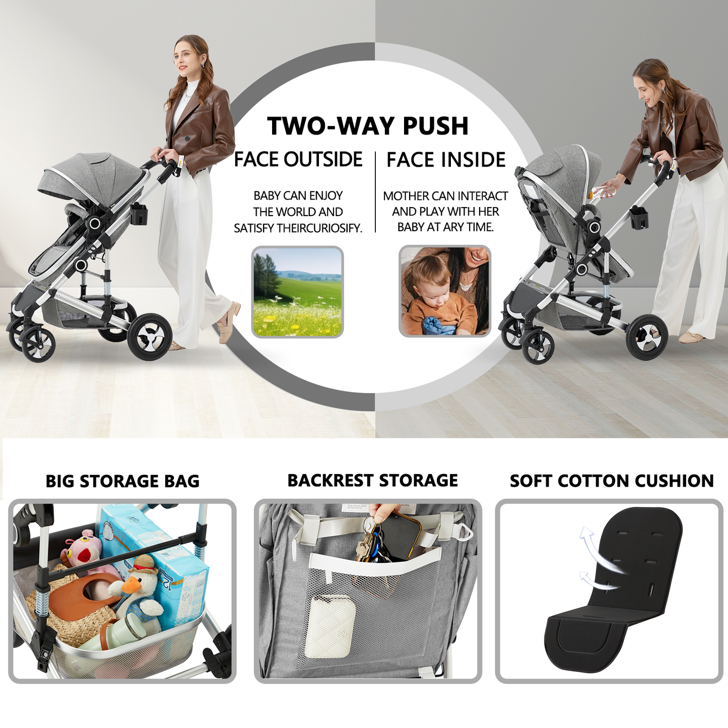 2 in 1 Convertible Baby Stroller, Unisex Folding Infant Newborn Bassinet Pram, Light Grey