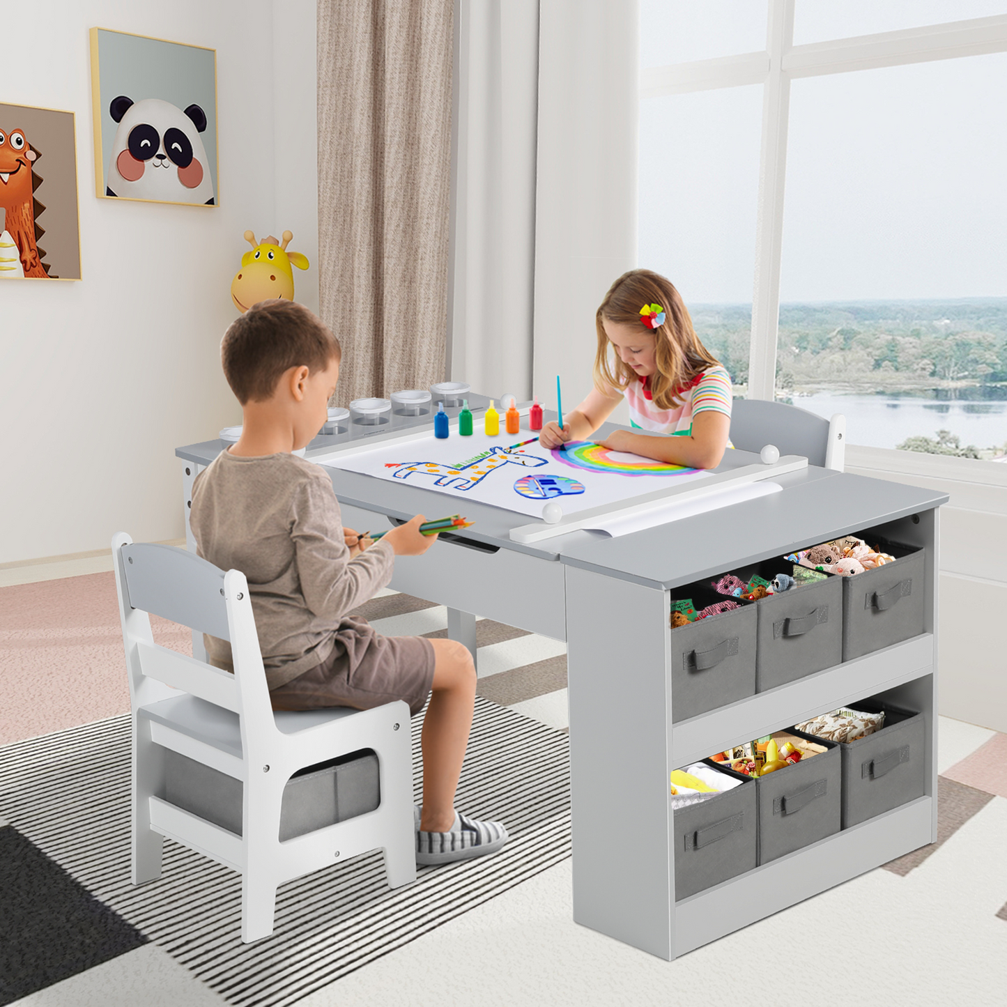 LINLUX 3 in 1 Kid Table & Chair Set Drawing, Child Activity Table, Kids Table Set Painting, Gray