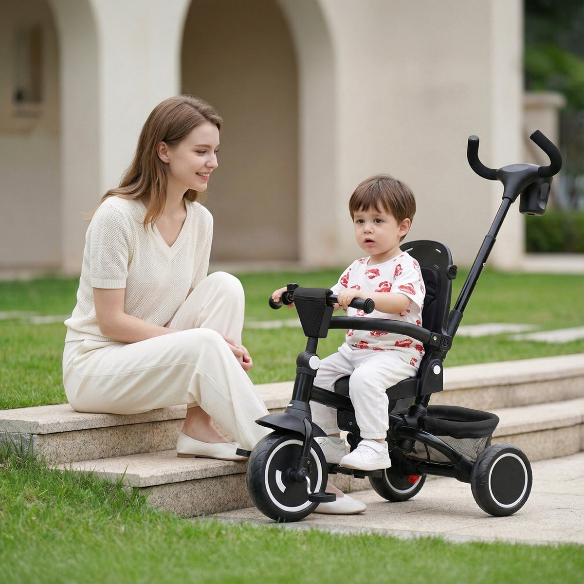 AILEEKISS 7-in-1 Kids' Tricycle with Push Handle, Foldable Trike Bicycles for Kids 1-5 Years, Black
