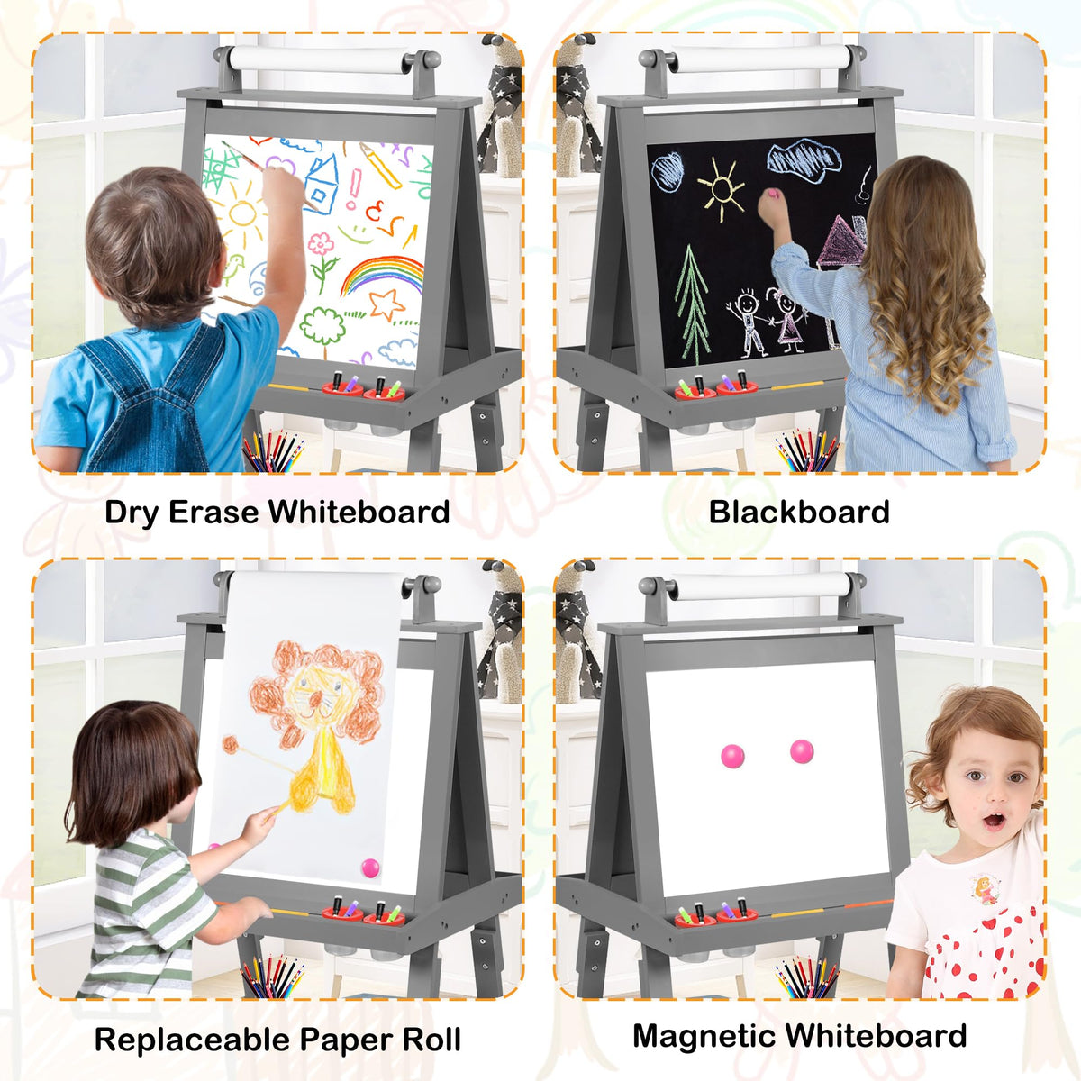 LINLUX 3 in 1 Kids Art Easel Drawing Board Double-Sided Whiteboard Chalkboard, Grey
