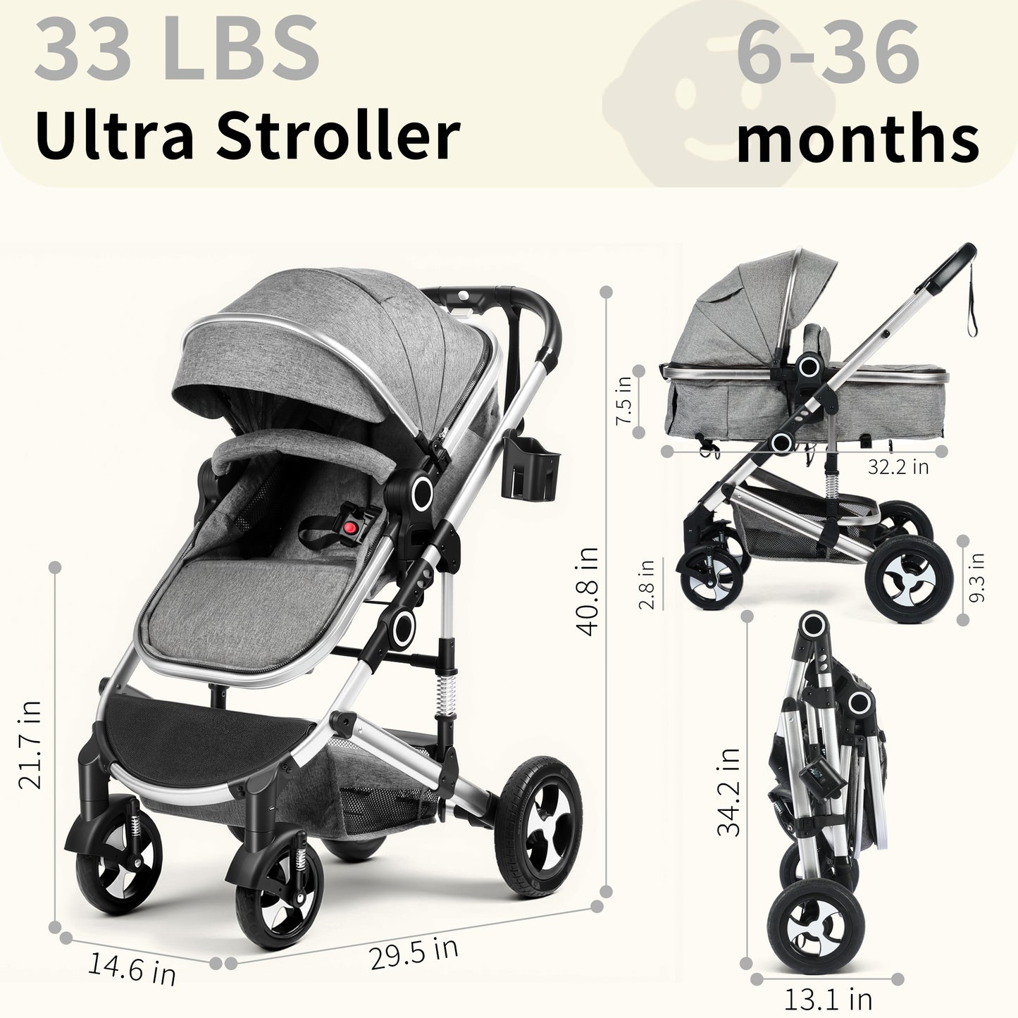 AILEEKISS 3 in 1 Convertible Baby Stroller, Unisex Folding Newborn Stroller with Big Seat, Dark Grey