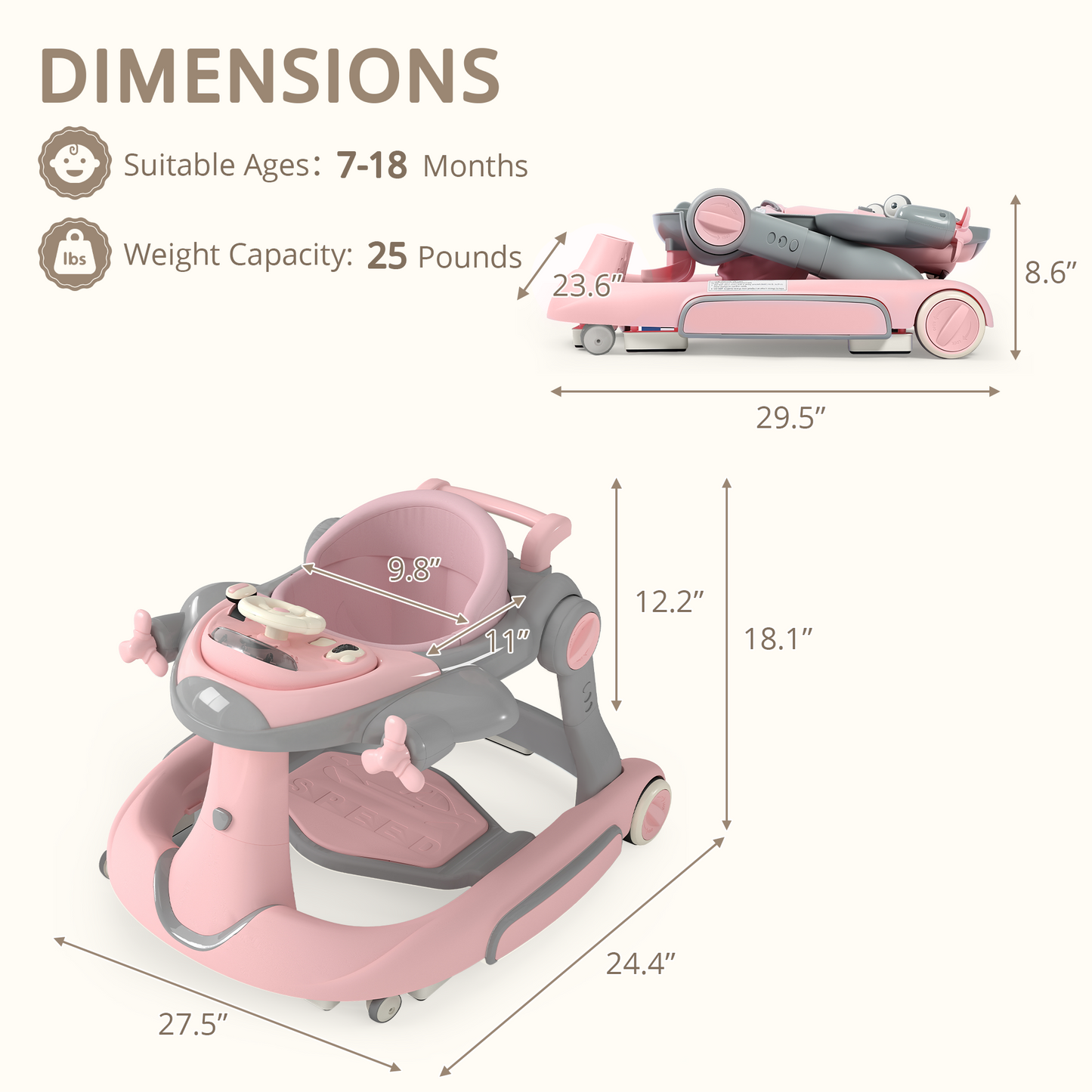 AILEEKISS 5-in-1 Musical Baby Walker with Wheels, Foldable Baby Walker for Boys Girls, Pink& Gray
