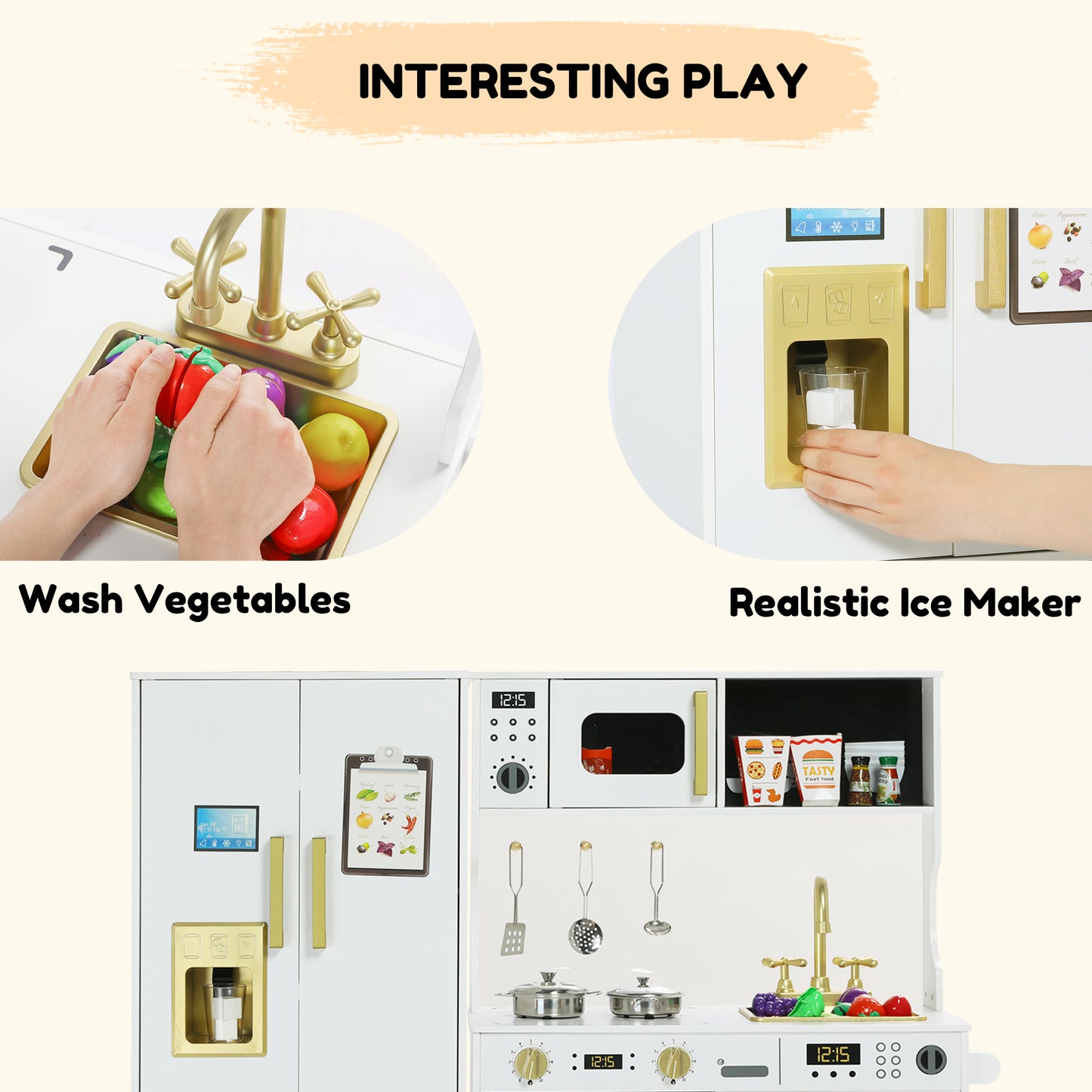 AILEEKISS Wood Kids Play Kitchen, Pretend Kitchen Playset for Children Age 3 Years up, White