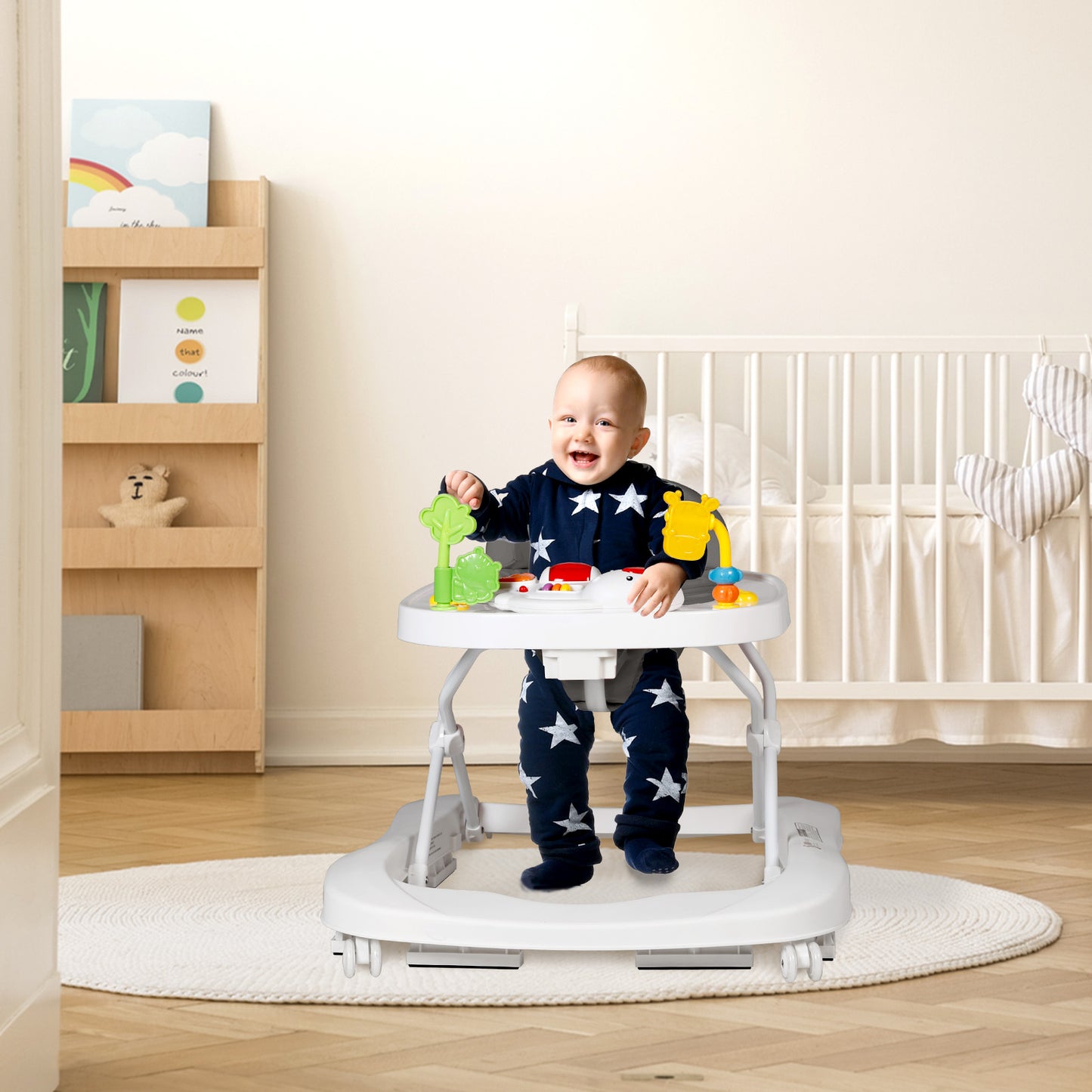 2 in 1 Folding Baby Walker Adjustable Height & Speed, Kids Baby Walker with Wheels & Music Toys, Grey