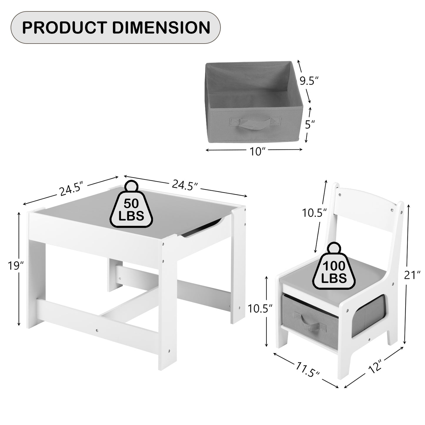LINLUX Kids Table and 2 Chairs Set, Children Activity Table Chairs with Chalkboard/Whiteboard, Grey