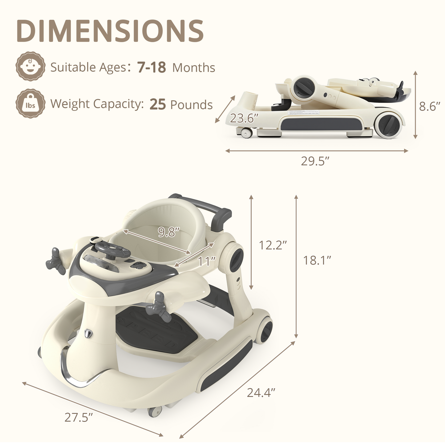 AILEEKISS 5-in-1 Musical Baby Walker with Wheels, Foldable Baby Walker for Boys Girls, Beige