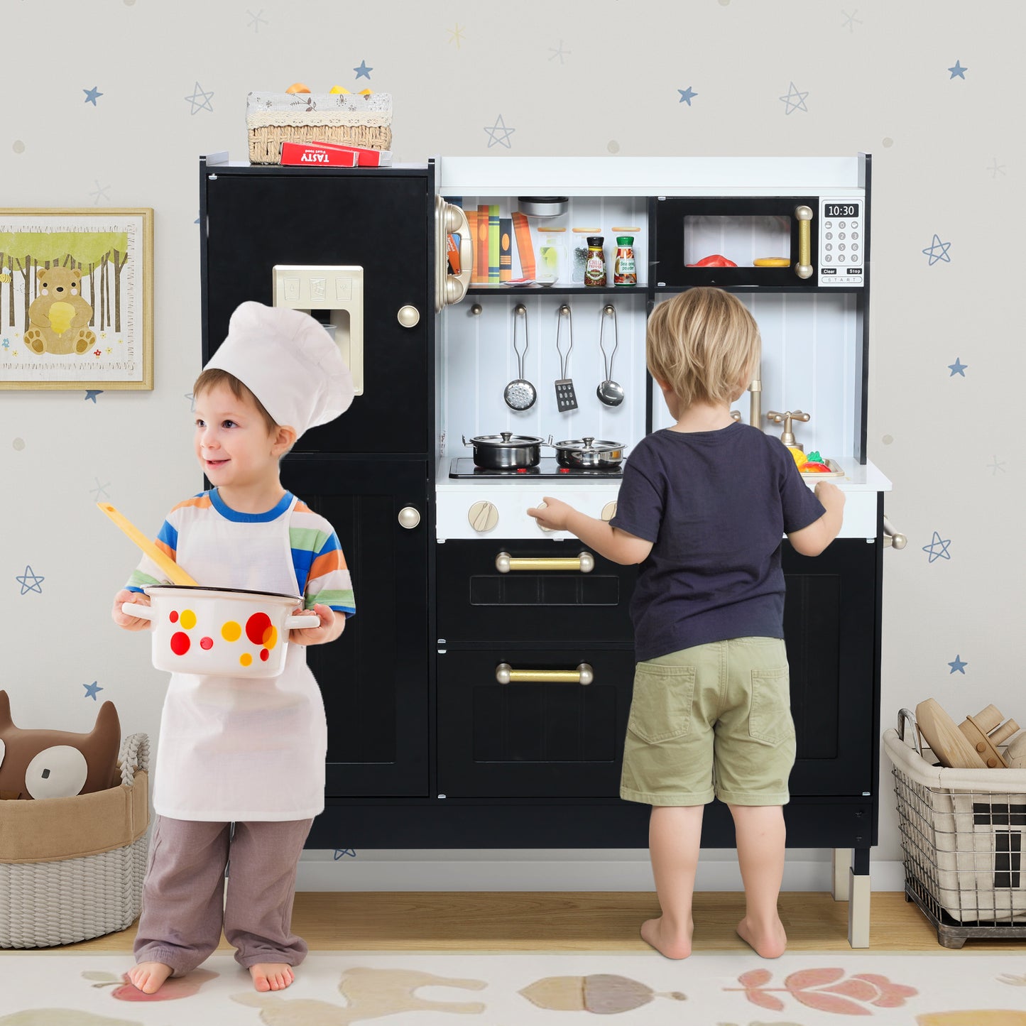 AILEEKISS Wood Kids Play Kitchen, Pretend Toy Kitchen Playset for Children with Sounds, Black