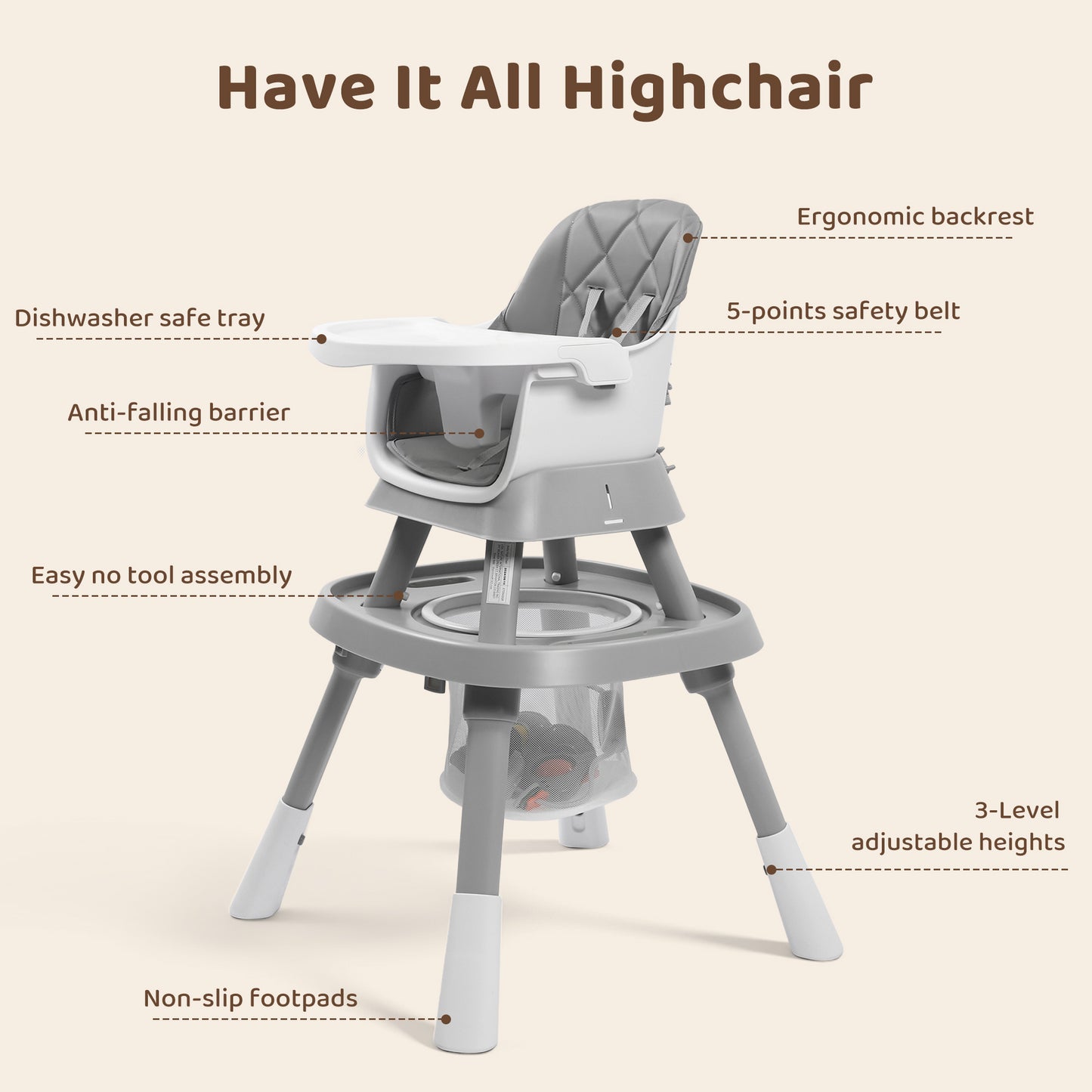 AILEEKISS 15 in 1 Baby High Chair, Toddler Dining Booster Seat w/Activity Center, Grey