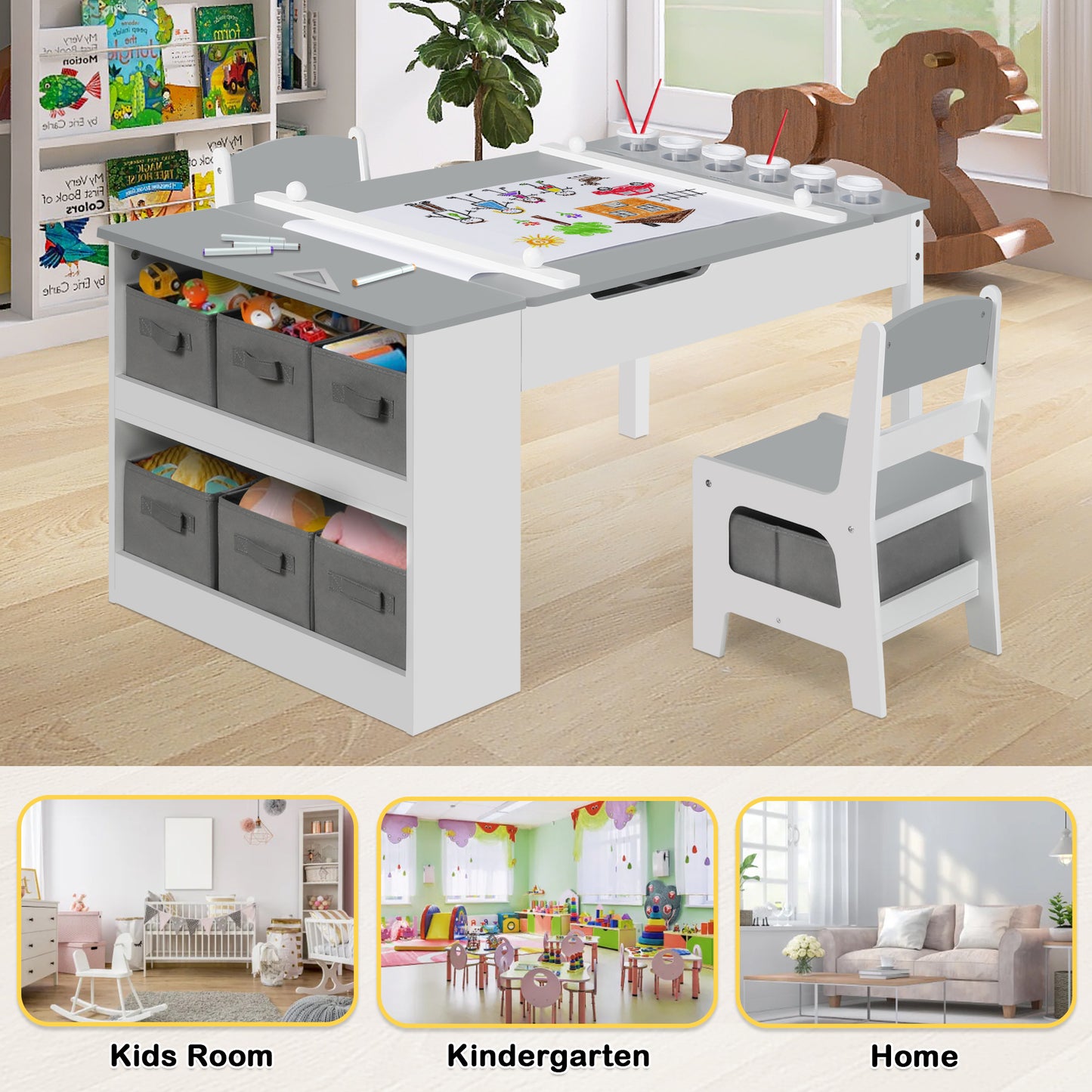 2 in 1 Kids Art Table and Chair Set, Toddler Art Easel & Craft Activity Desk w/ Paper Roll, Grey