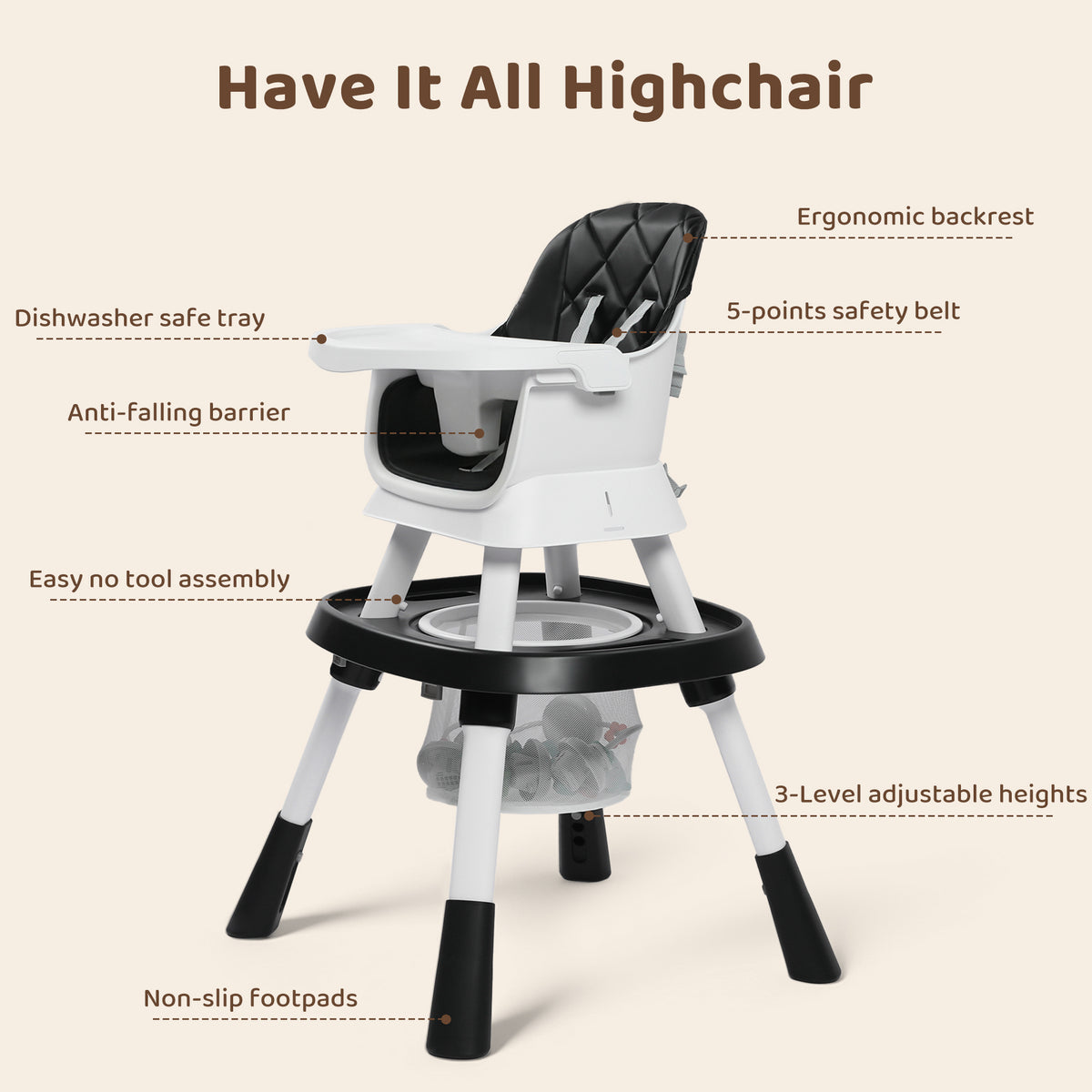 AILEEKISS 15 in 1 Baby High Chair, Toddler Dining Booster Seat w/Activity Center, Black