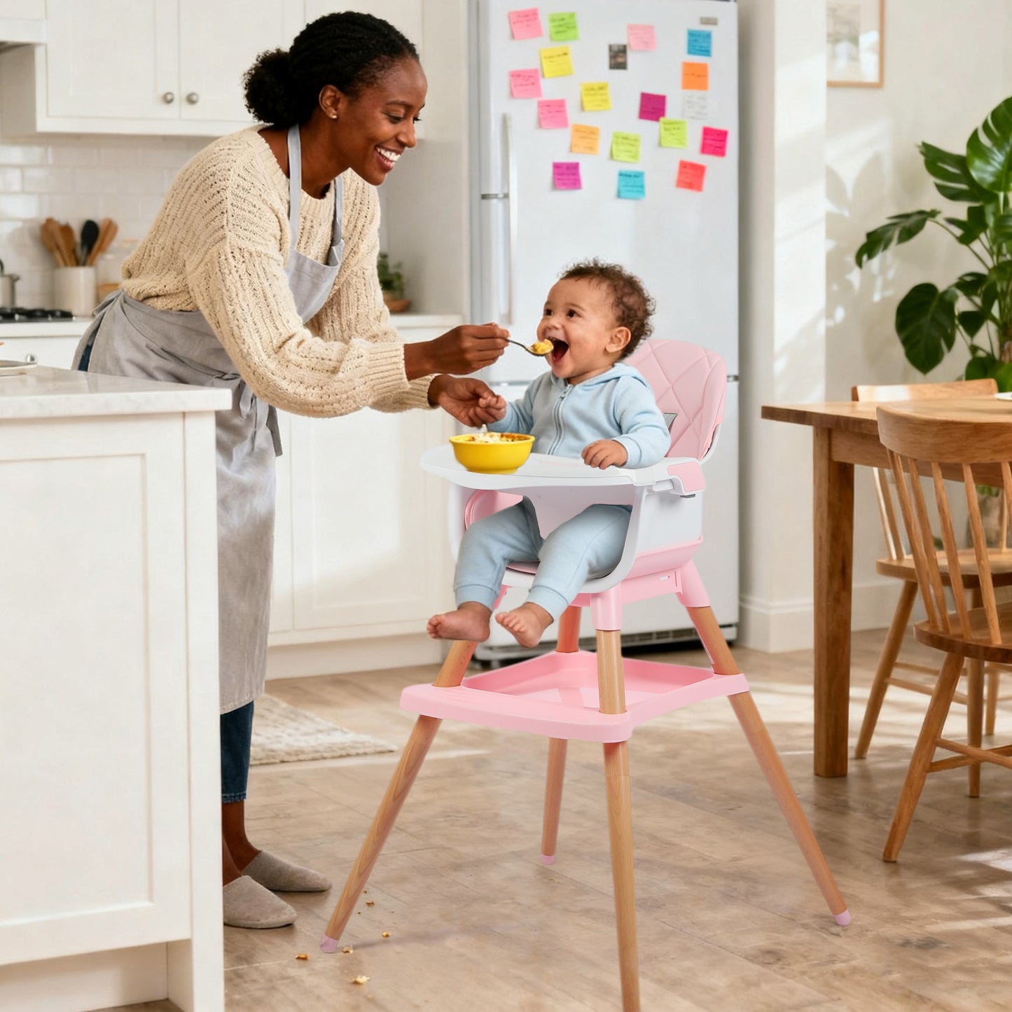 AILEEKISS 7 in 1 Wooden Baby High Chair for Toddler, Infant Feeding Chair with Removable Tray, Pink