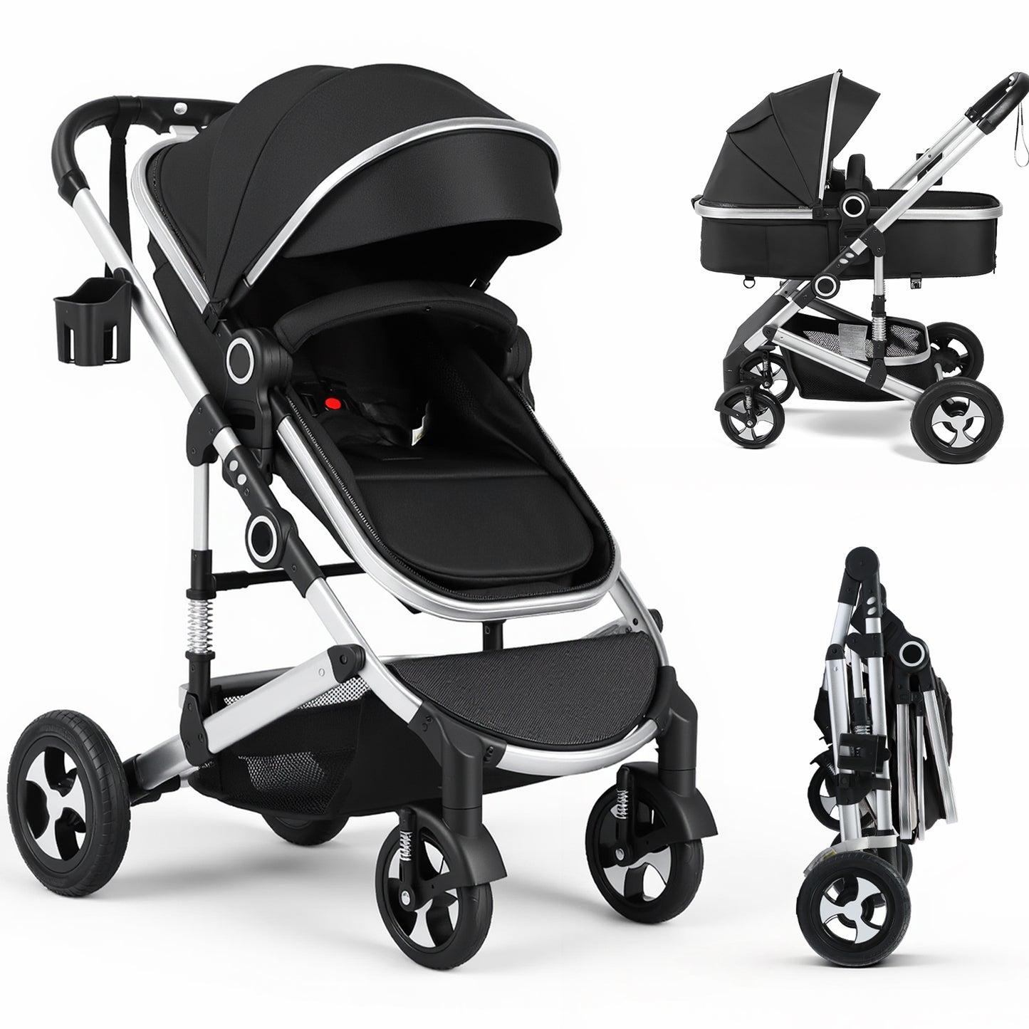 AILEEKISS 3 in 1 Convertible Baby Stroller, Unisex Folding Newborn Stroller with Big Seat, Black Silver