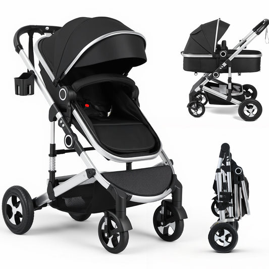 AILEEKISS 3 in 1 Convertible Baby Stroller, Unisex Folding Newborn Stroller with Big Seat, Black Silver