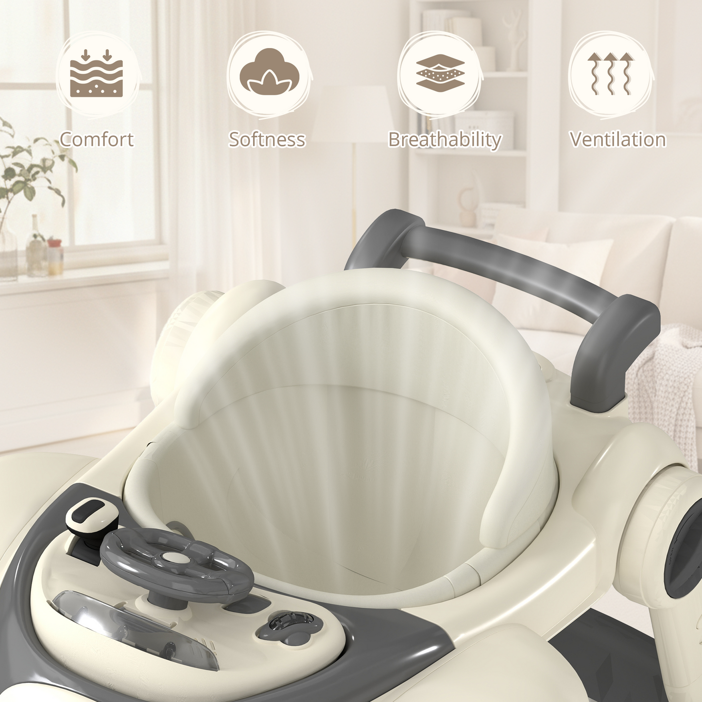 AILEEKISS 5-in-1 Musical Baby Walker with Wheels, Foldable Baby Walker for Boys Girls, Beige