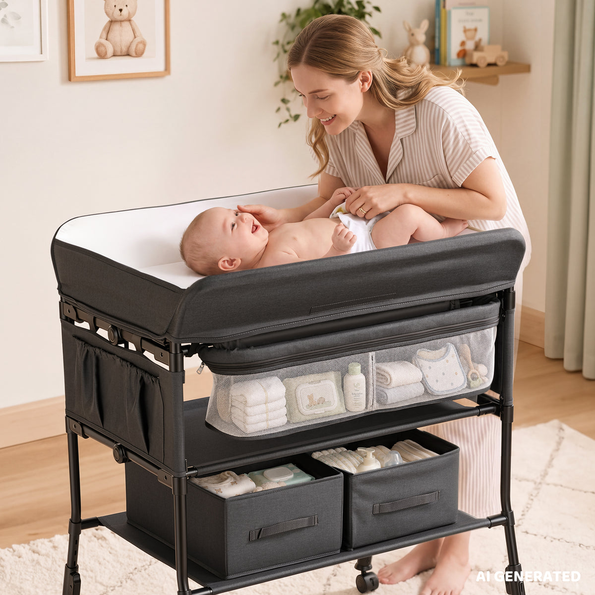 AILEEKISS Baby Diaper Changing Table, Waterproof Folding Changing Station with 2 Drawers, Black Grey