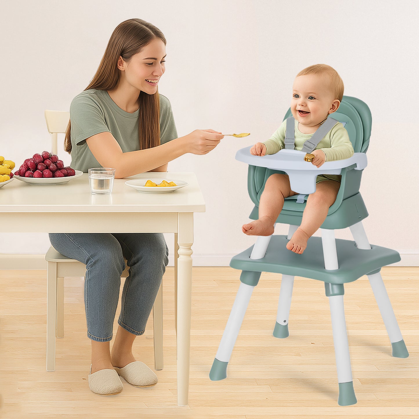 AILEEKISS 8 in 1 Baby High Chair, Toddler Dining Booster Seat for Eating, Green