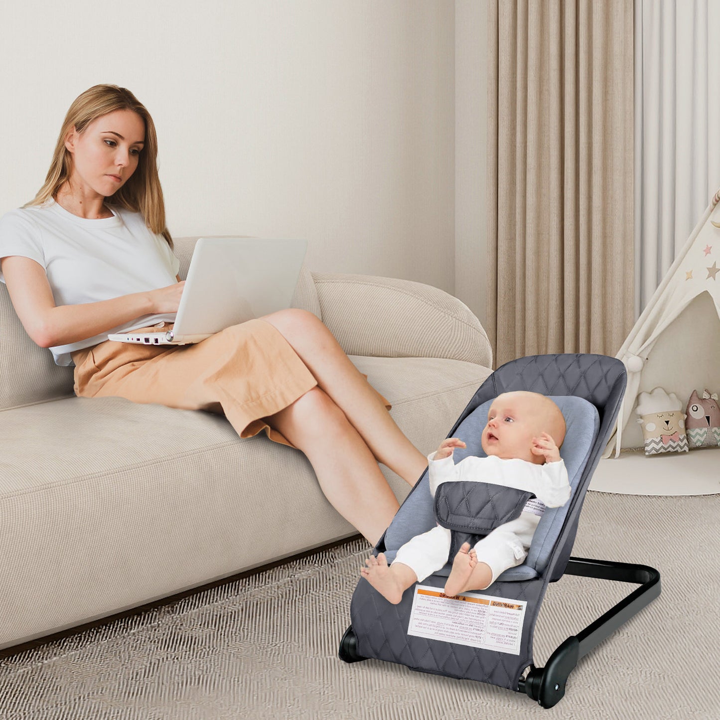 Baby Bouncer for Infants 3 in 1 Folding Baby Rocker Seat Unisex Lounge Recline Chair, Grey