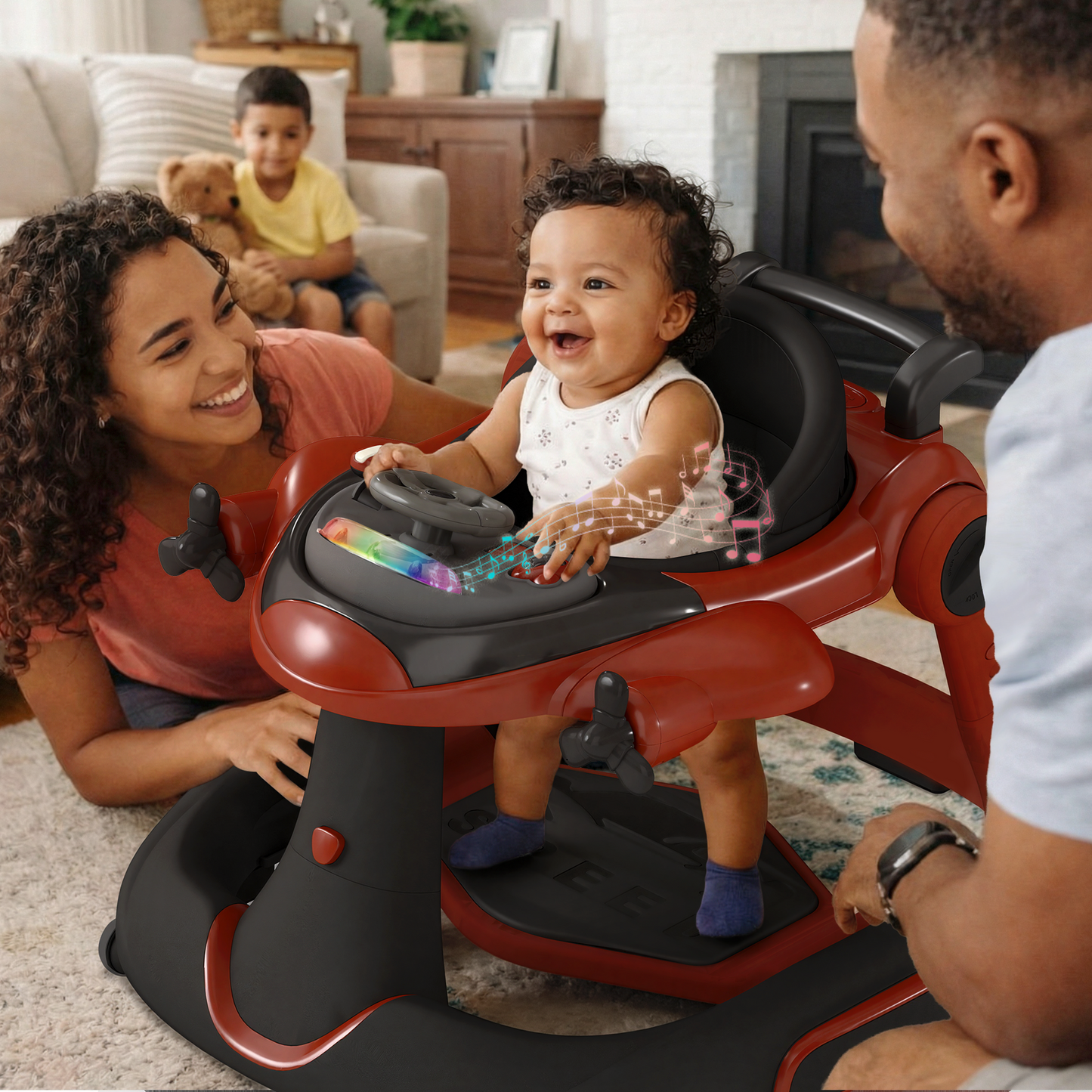 AILEEKISS 5-in-1 Musical Baby Walker with Wheels, Foldable Baby Walker for Boys Girls, Red