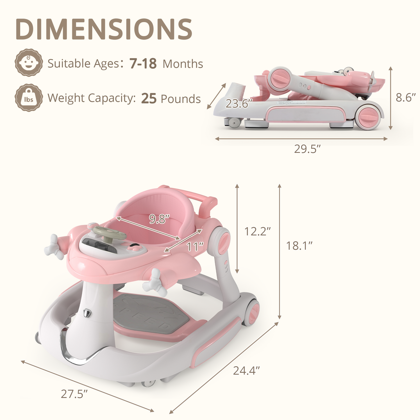 AILEEKISS 5-in-1 Musical Baby Walker with Wheels, Foldable Baby Walker for Boys Girls, Pink& Beige