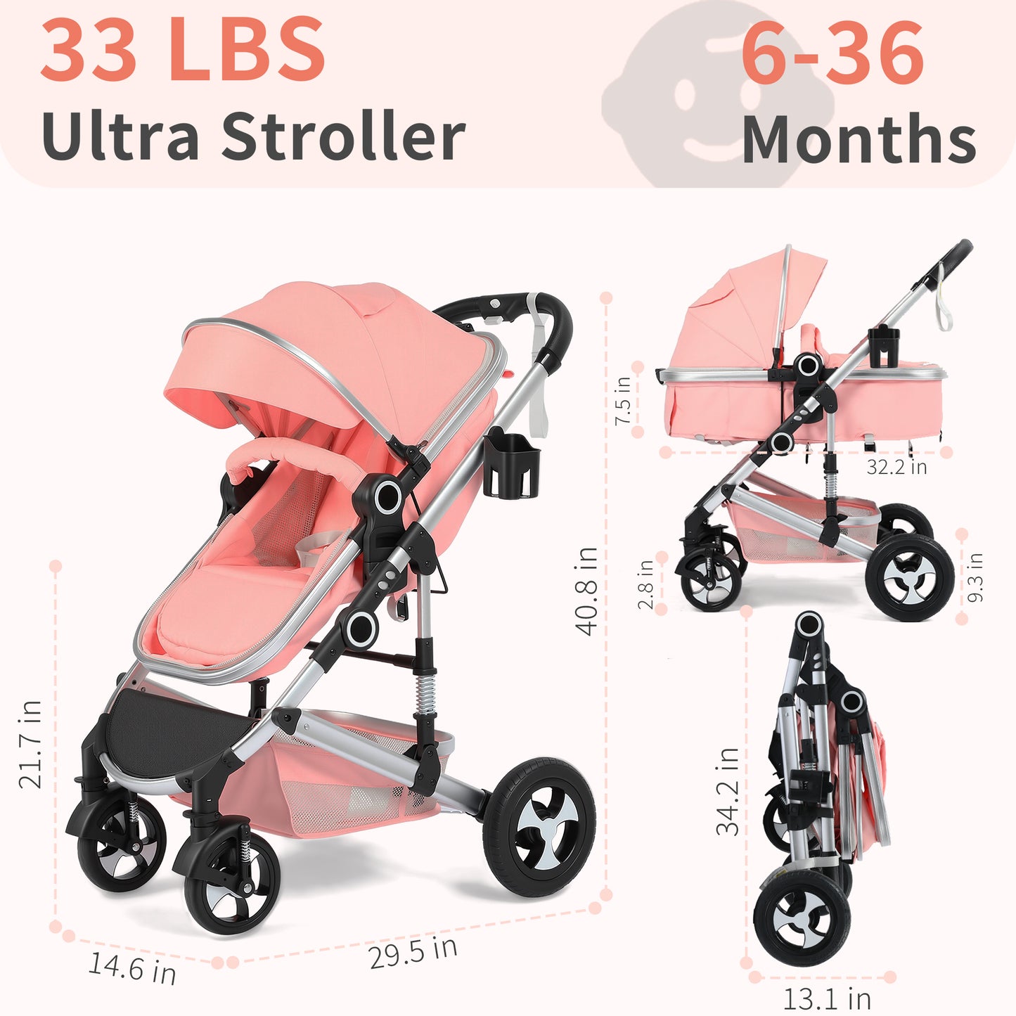 AILEEKISS 3 in 1 Convertible Baby Stroller, Unisex Folding Newborn Stroller with Big Seat, Pink