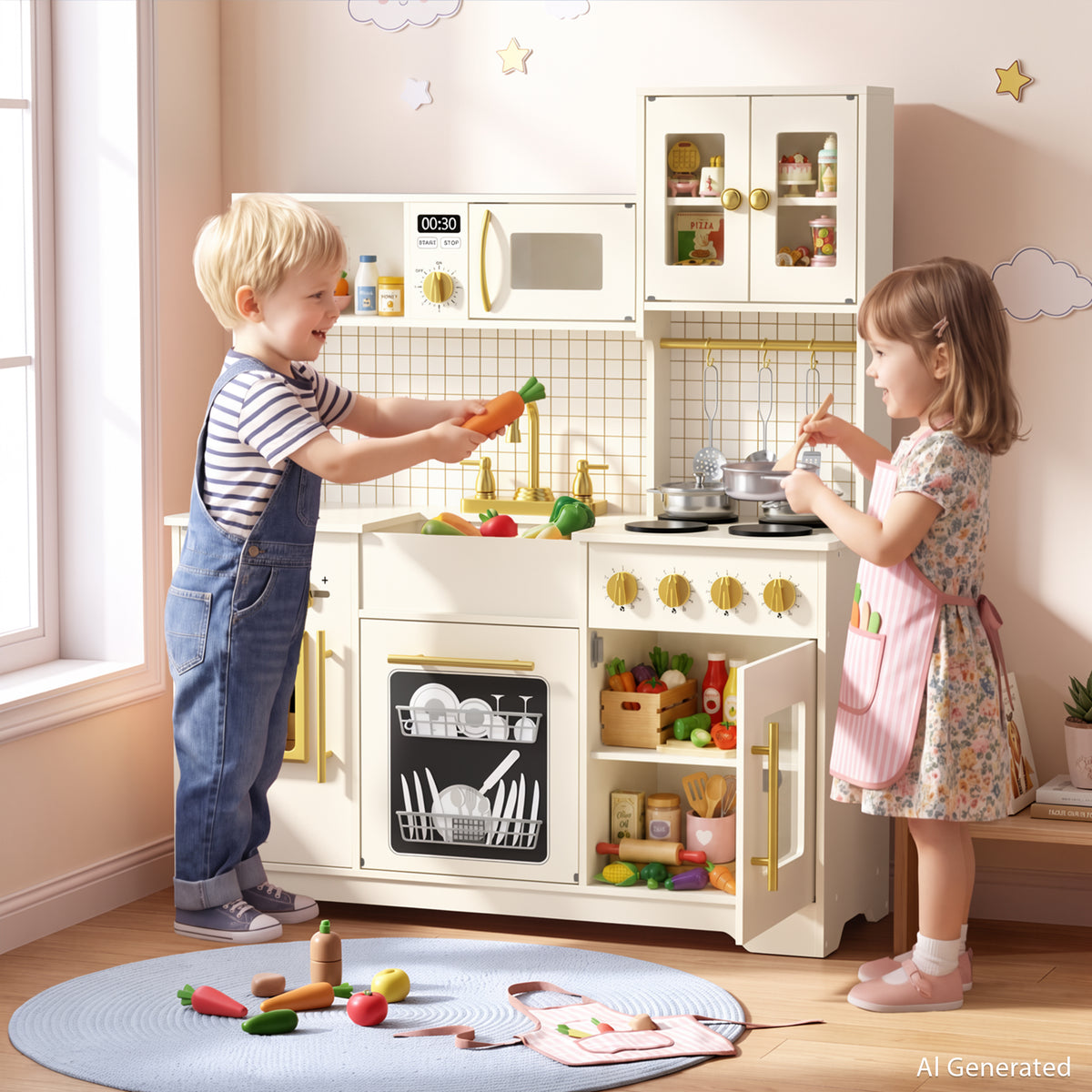 AILEEKISS Kids Kitchen Playset for Children, Realistic Pretend Kitchen Toy with Ice Maker, Beige