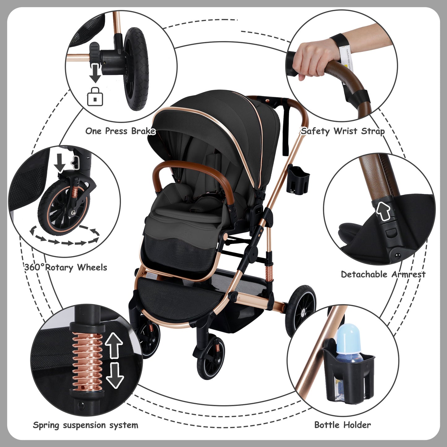 AILEEKISS 2-in-1 Baby Stroller with Adjustable Seat, Foldable Stroller for Toddler, 26 Pounds, Black