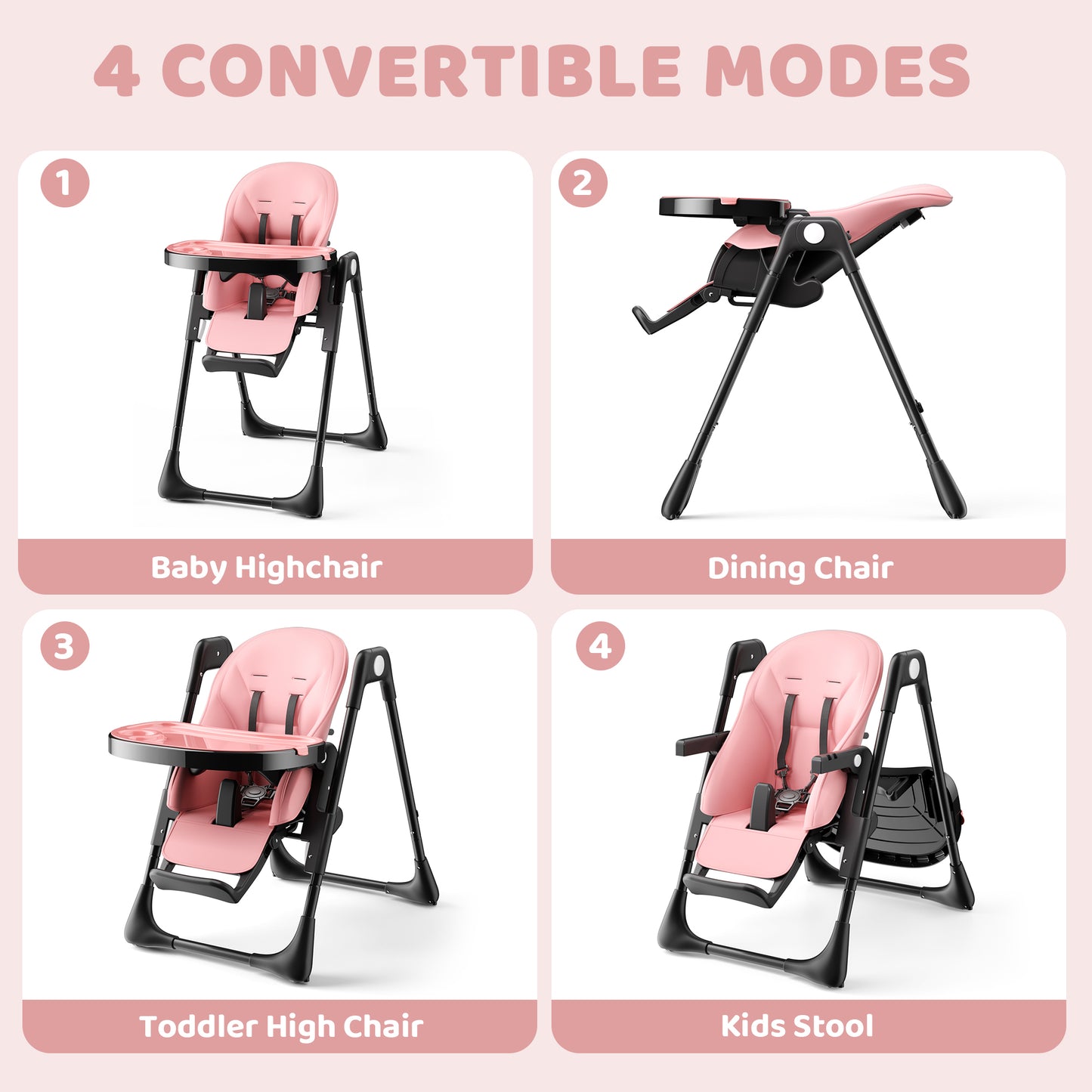 AILEEKISS Foldable High Chair for Baby, Toddler Eating Chair with Detachable Double Trays, Black Pink