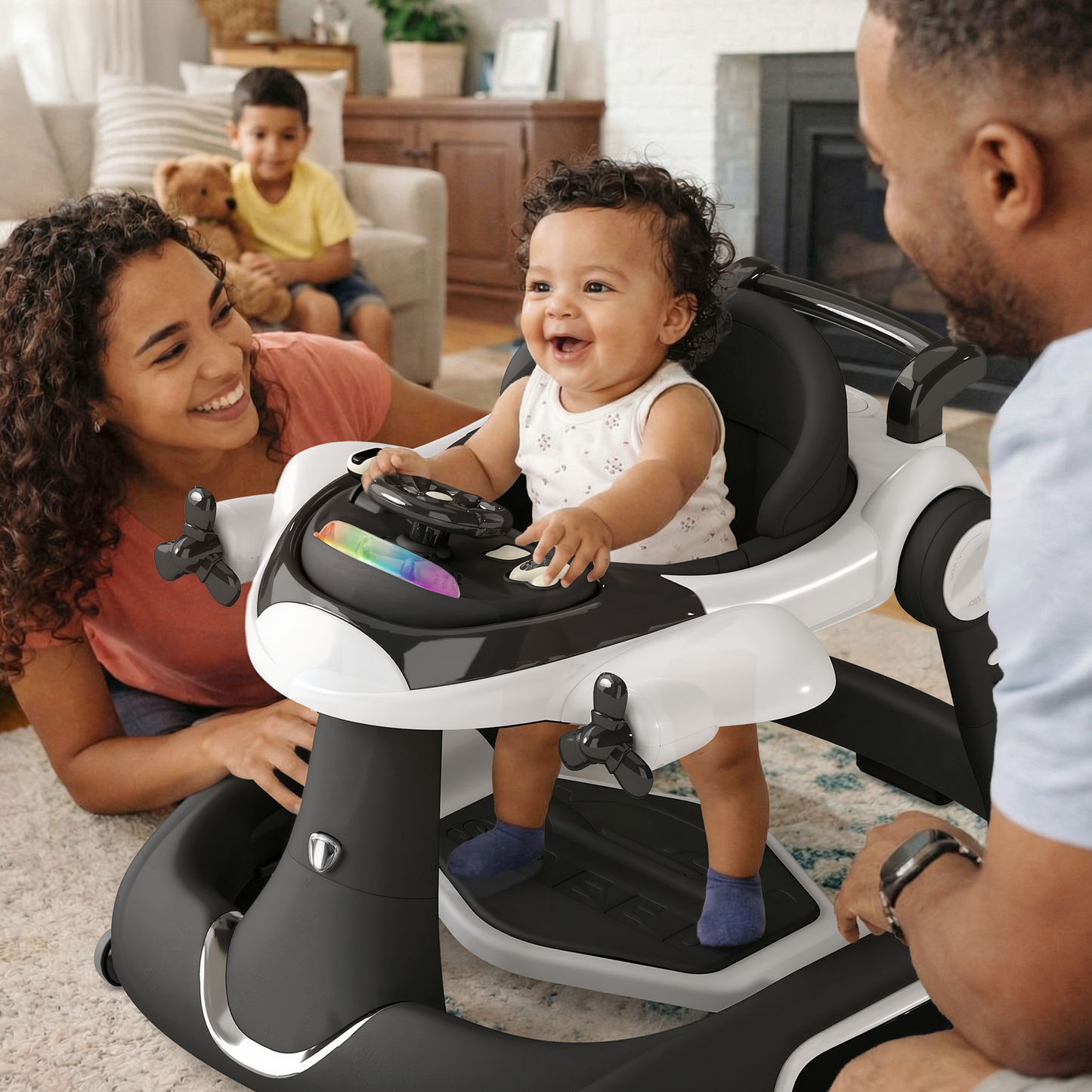 AILEEKISS 5-in-1 Musical Baby Walker with Wheels, Foldable Baby Walker for Boys Girls, Black