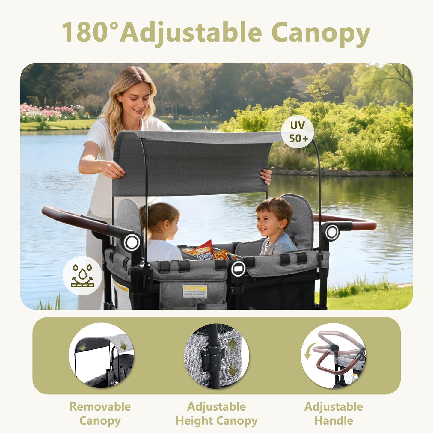 LINLUX 2 Kids Wagon Stroller, Foldable Outdoor 2-Seat Stroller Wagon, Removable Canopy, 55 Pound, Black
