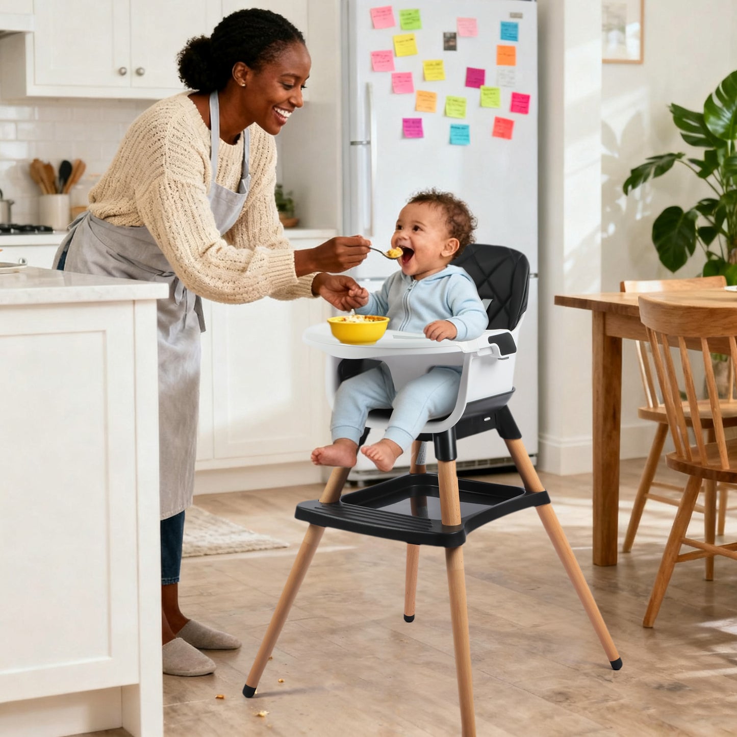 AILEEKISS 7 in 1 Wooden Baby High Chair Infant Feeding Chair with Removable Tray, Black