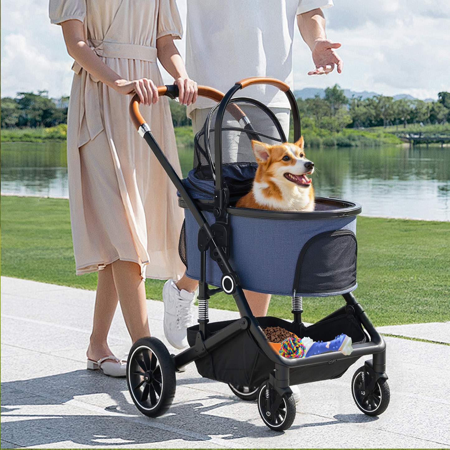 AILEEKISS 4-Wheeled Pet Stroller, Folding Cat and Dog Stroller with Brake, Up to 58 LBS, Blue