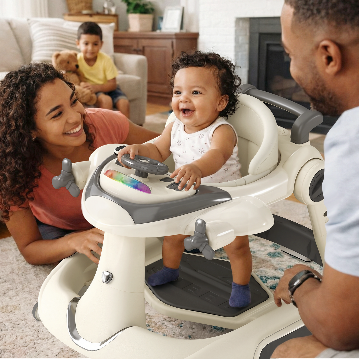 AILEEKISS 5-in-1 Musical Baby Walker with Wheels, Foldable Baby Walker for Boys Girls, Beige