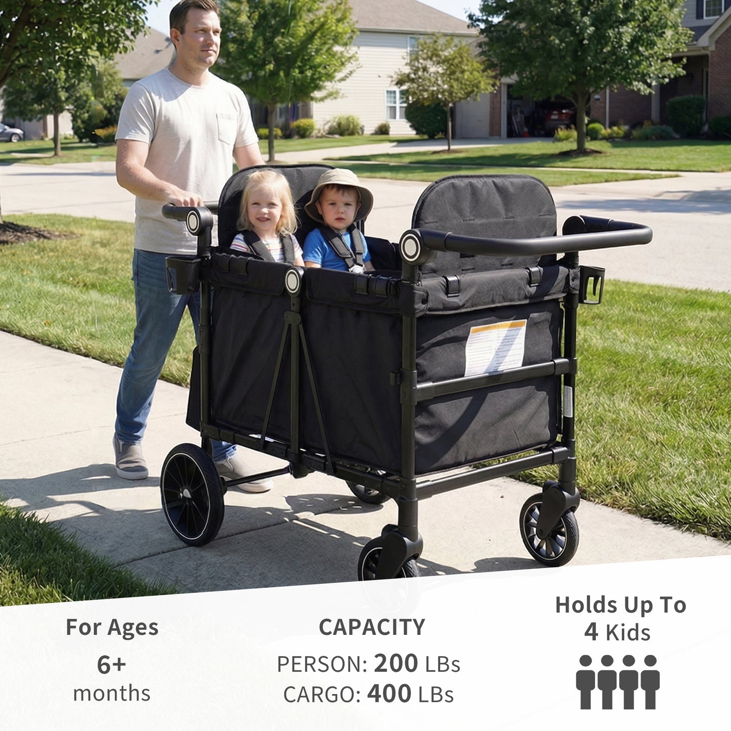 AILEEKISS Wagon Stroller for 4 Toddlers, 4-in-1 Baby Wagon with Canopy, 59 Pounds, Black